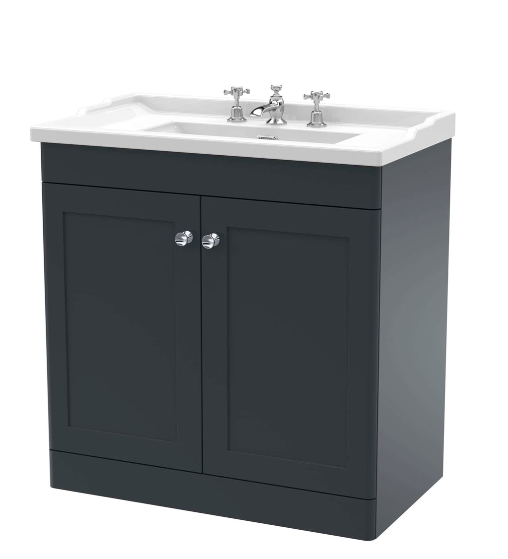 Elegant bathroom vanity unit with a classic white sink, dark grey cabinet, and chrome handles, ideal for modern and traditional bathroom designs. Perfect for stylish bathroom storage solutions.