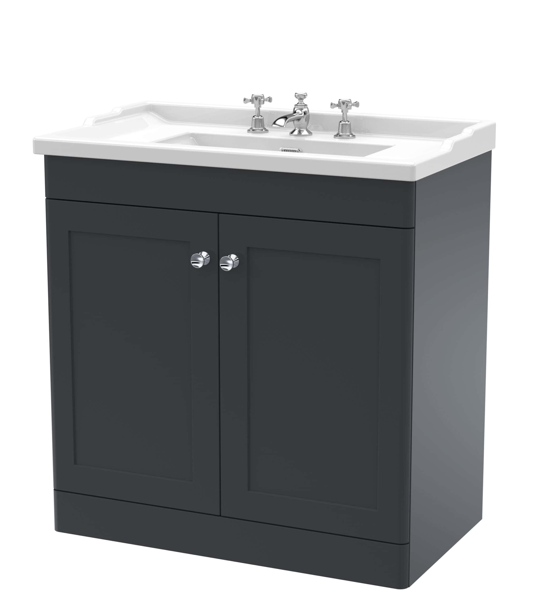 Elegant bathroom vanity unit with a classic white sink, dark grey cabinet, and chrome handles, ideal for modern and traditional bathroom designs. Perfect for stylish bathroom storage solutions.
