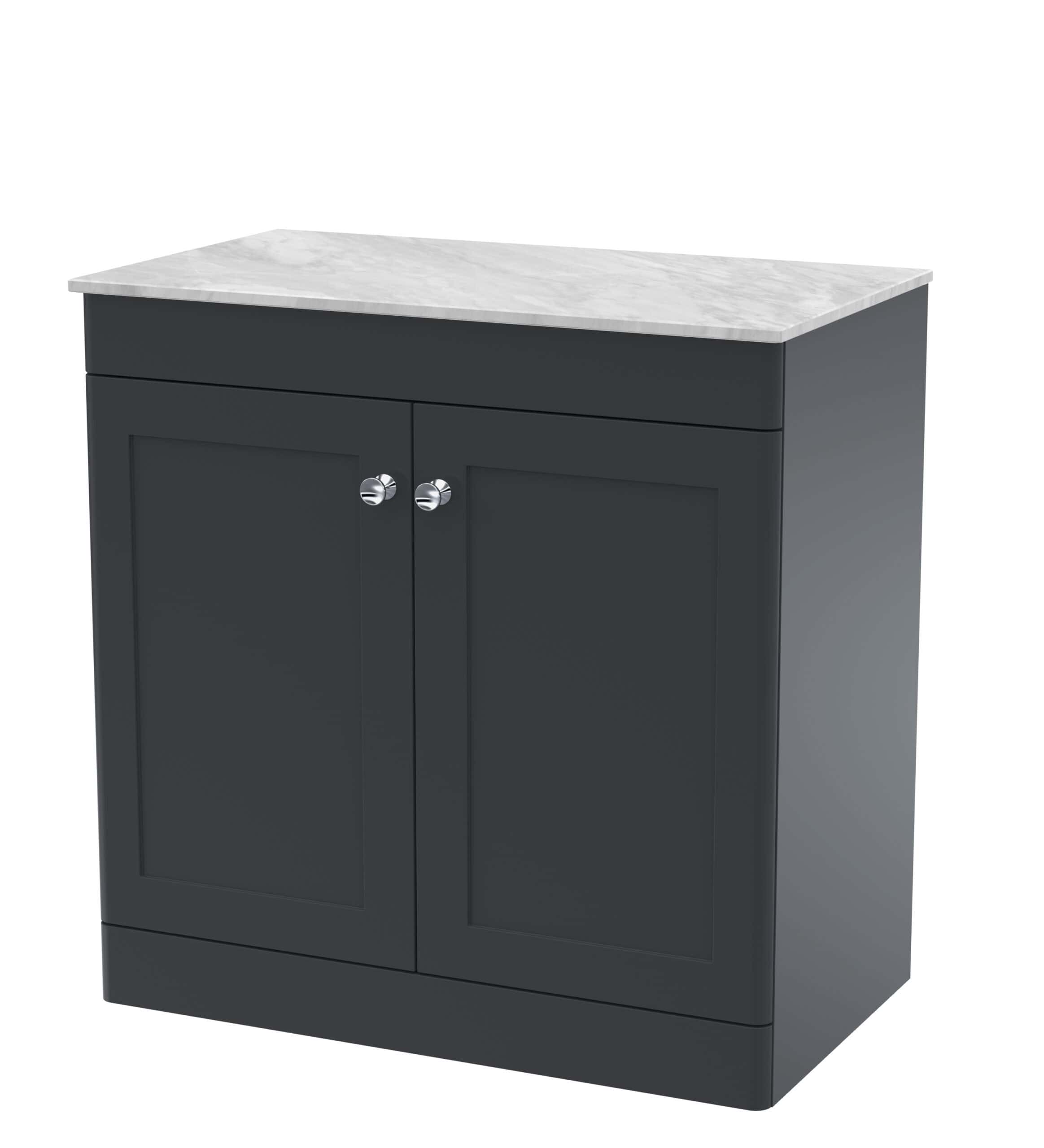 Sleek dark grey bathroom cabinet with a white marble top, ideal for modern bathroom storage solutions. Durable and stylish, perfect for organising toiletries and bathroom essentials.