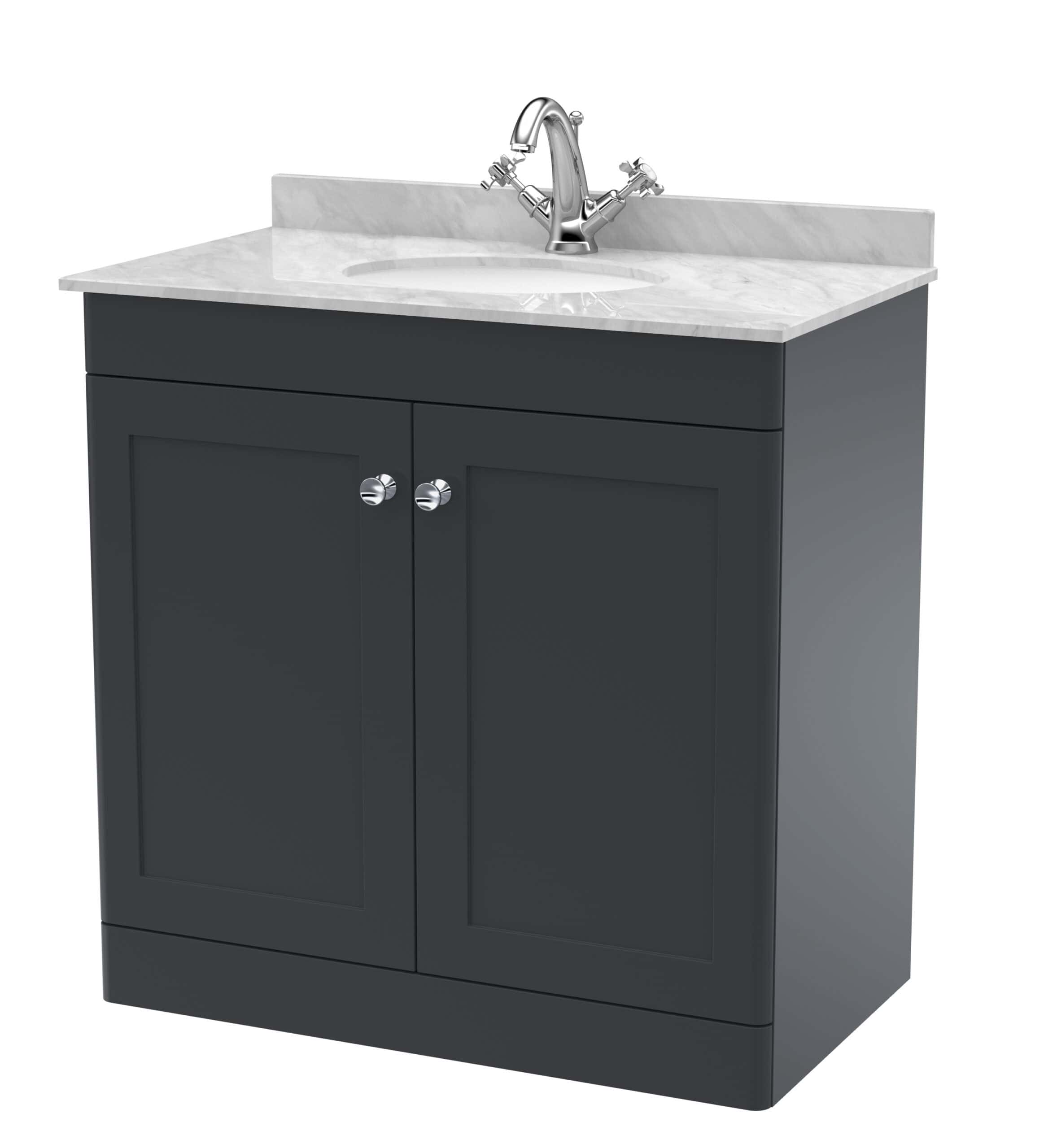 Contemporary bathroom vanity unit with marble countertop and chrome tap, ideal for modern bathroom renovations and fixtures.