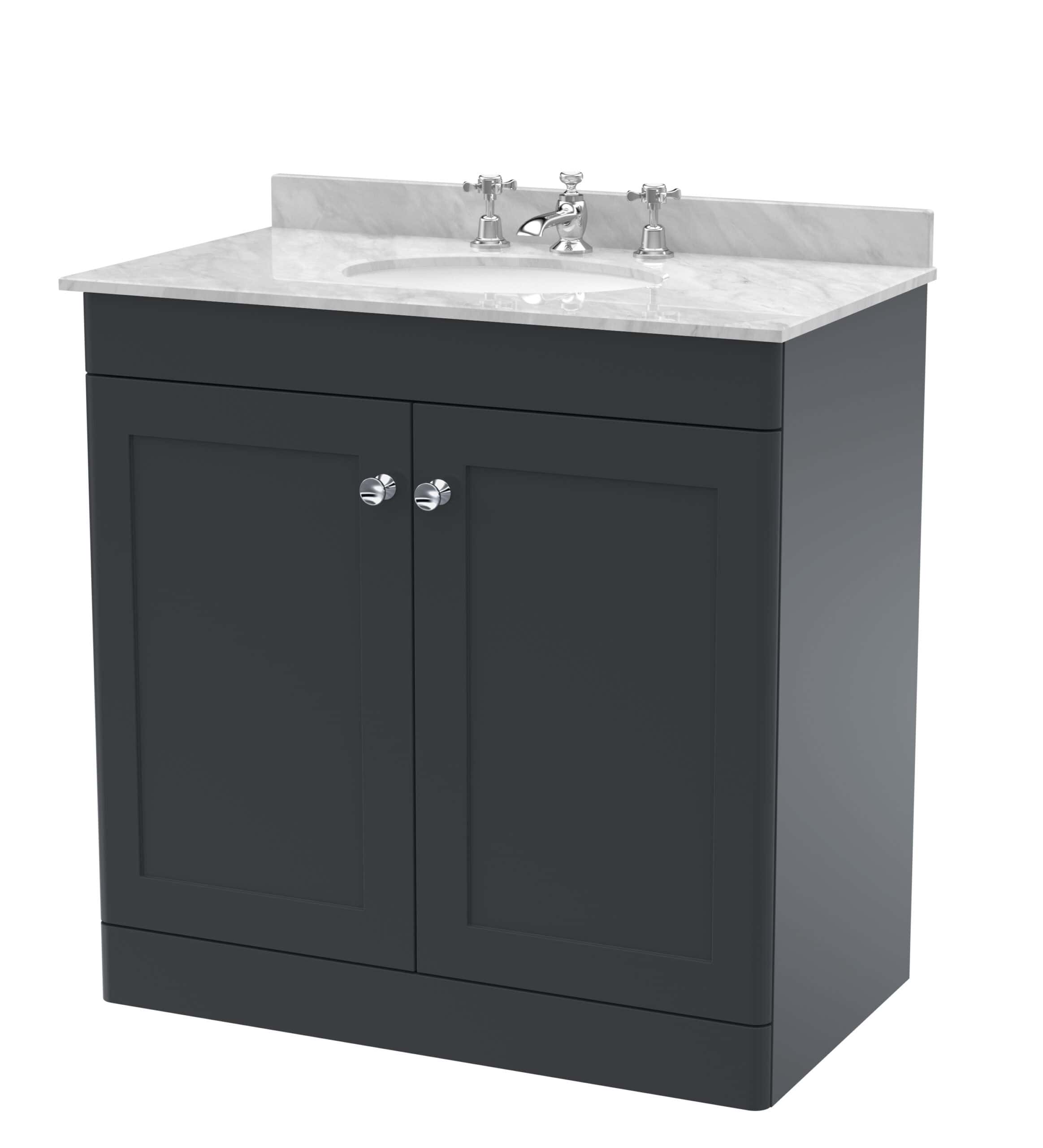 Elegant bathroom vanity unit with a marble top and chrome fixtures, perfect for modern bathroom décor and storage solutions.
