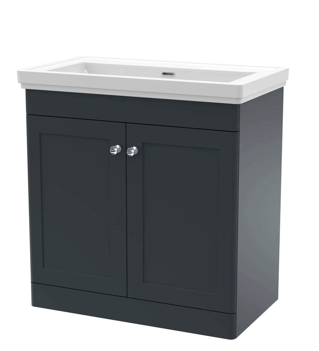 Sleek modern bathroom vanity with integrated ceramic sink, dark grey finish, and timber cabinet storage — perfect for contemporary bathroom renovations and high-quality bathroom furniture.