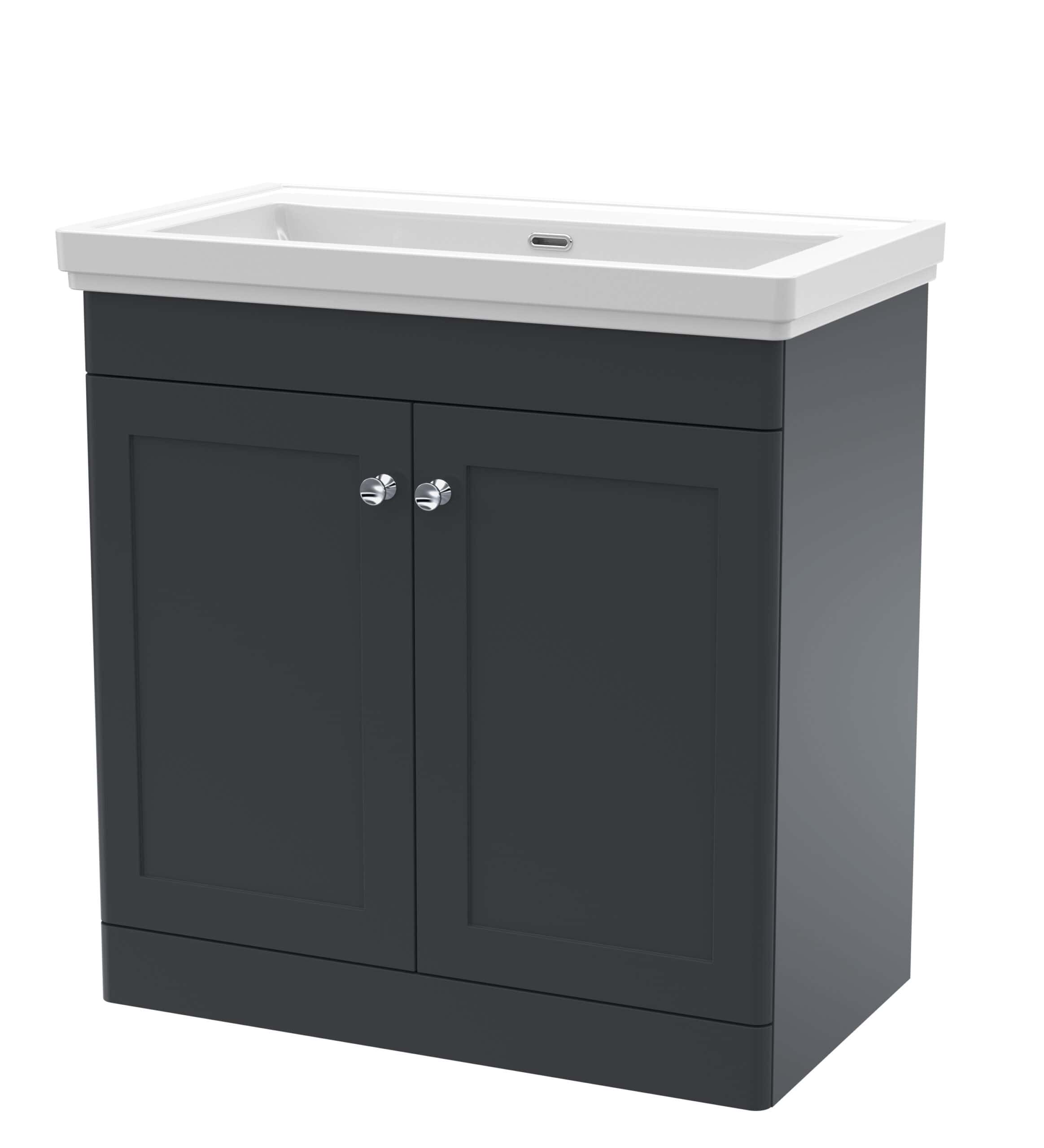 Sleek modern bathroom vanity with integrated ceramic sink, dark grey finish, and timber cabinet storage — perfect for contemporary bathroom renovations and high-quality bathroom furniture.