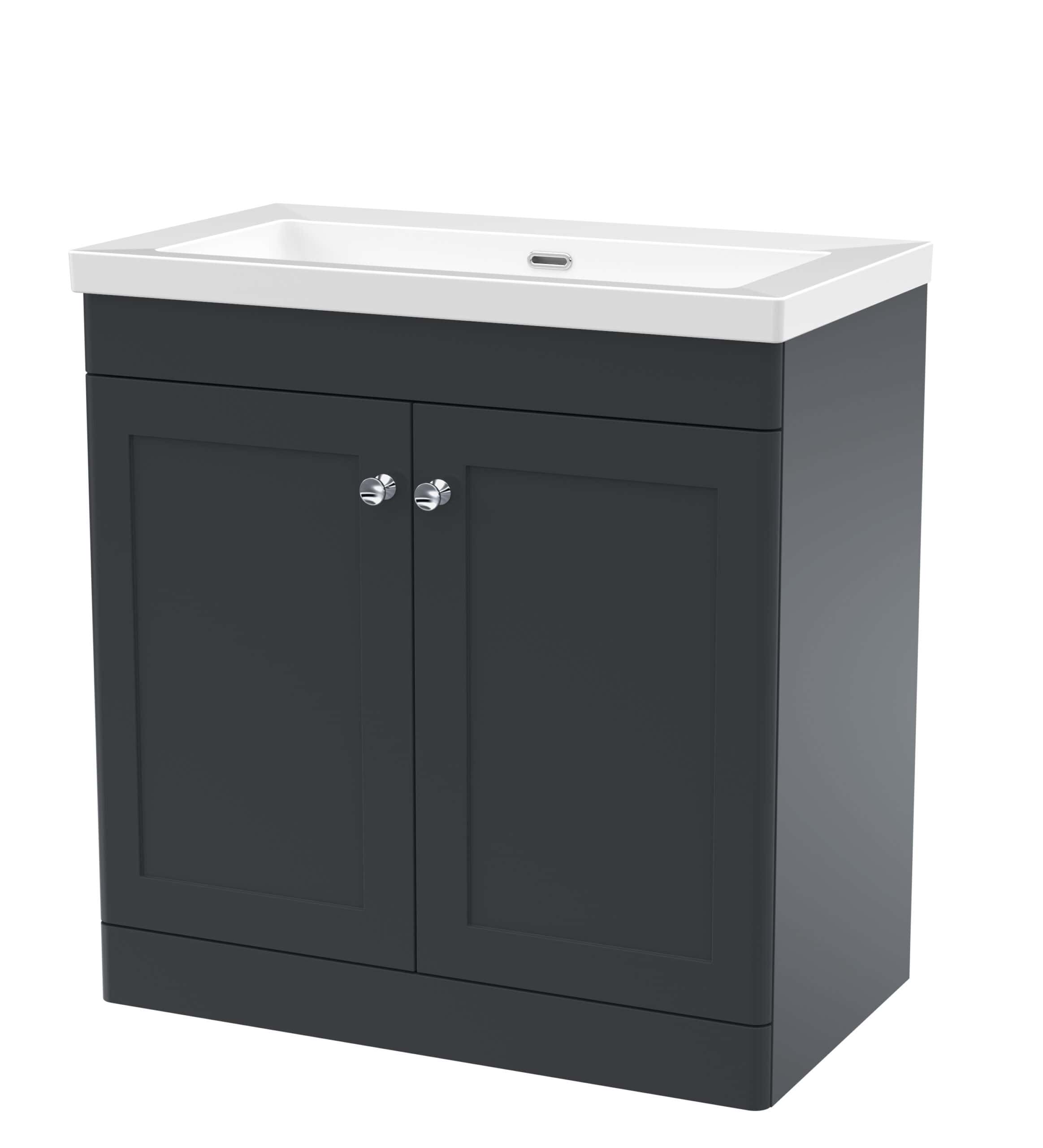Sleek bathroom vanity unit with a built-in basin, modern black finish, storage cabinets, perfect for contemporary bathroom renovation projects.