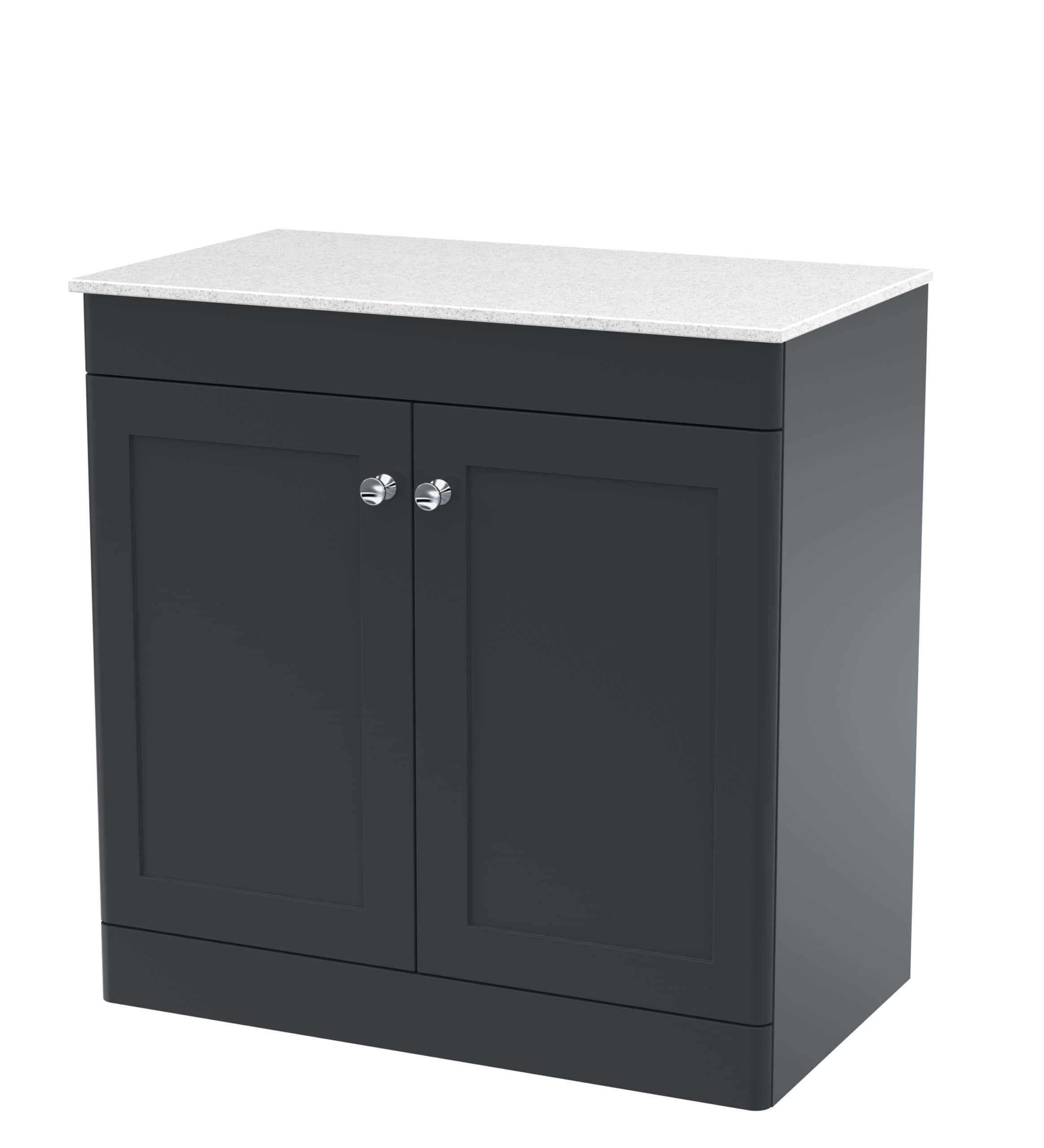 Modern black bathroom vanity with white countertop, ideal for stylish and functional bathroom storage solutions. Perfect for contemporary bathroom interiors.