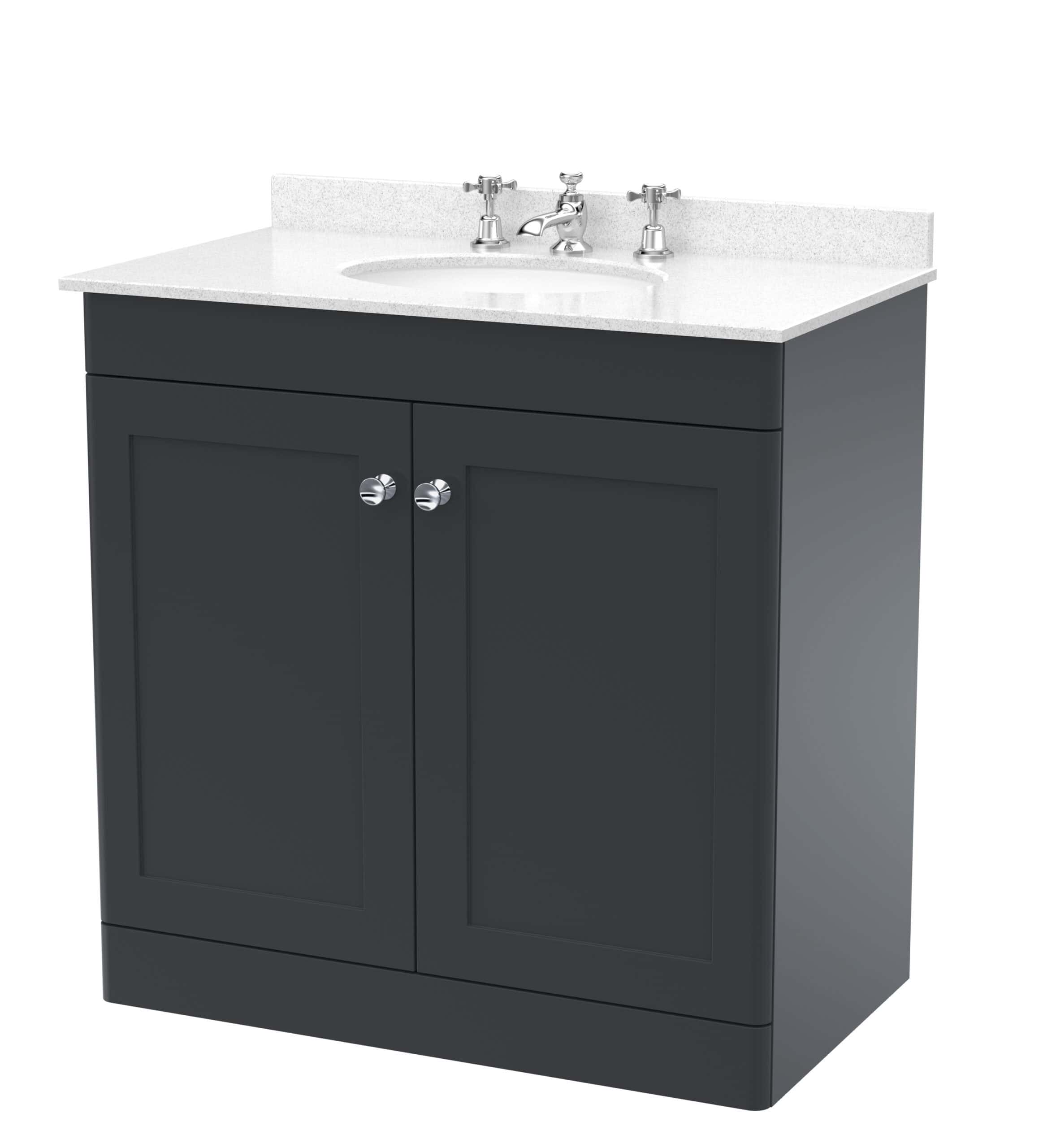 Shaker bathroom vanity unit with white countertop and stainless-steel handles, perfect for modern bathroom decor.
