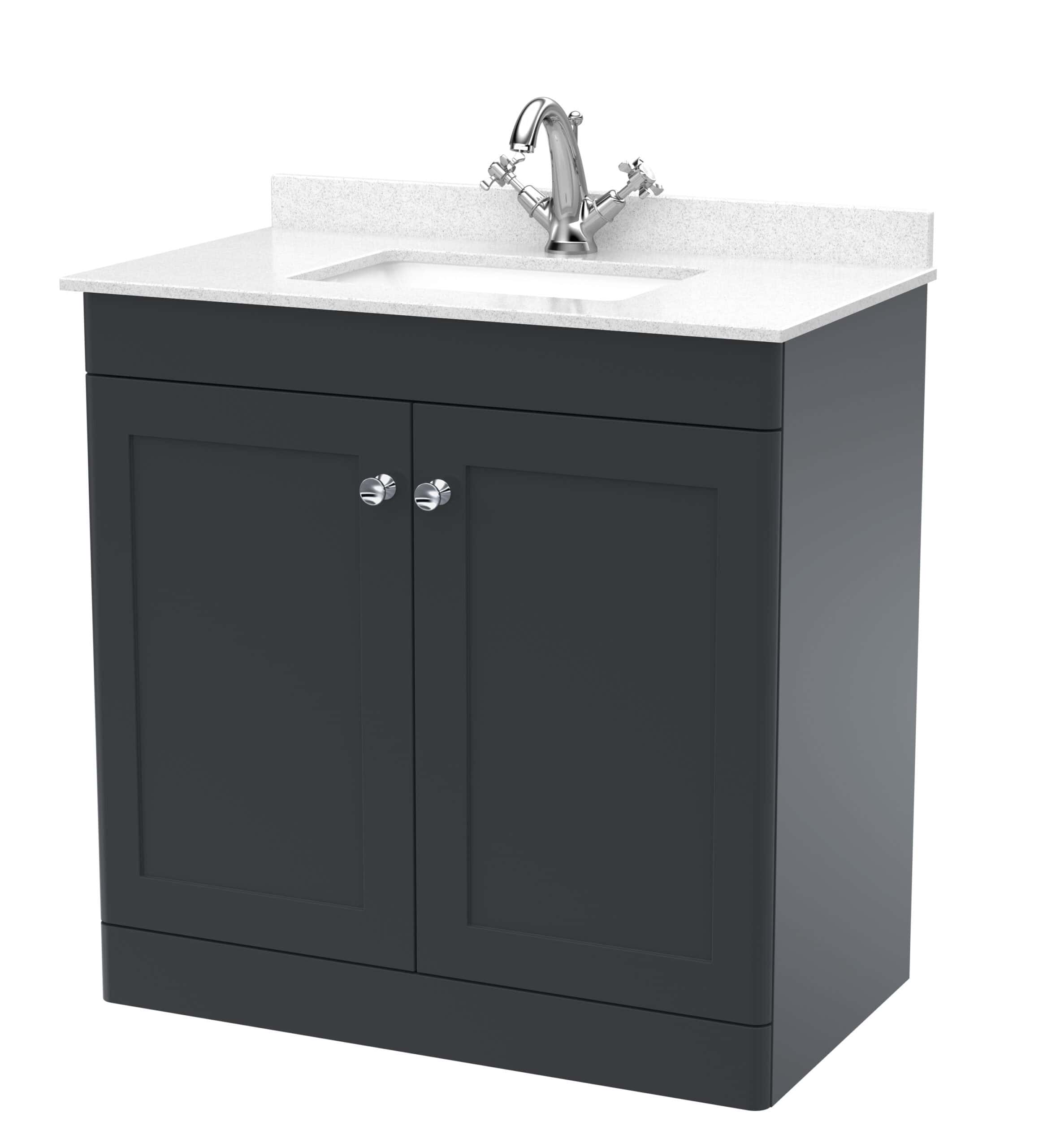 Sleek black bathroom sink cabinet with white marble top and chrome tap, ideal for modern bathroom decor and storage. Perfect for contemporary bathrooms seeking stylish, functional fixtures.