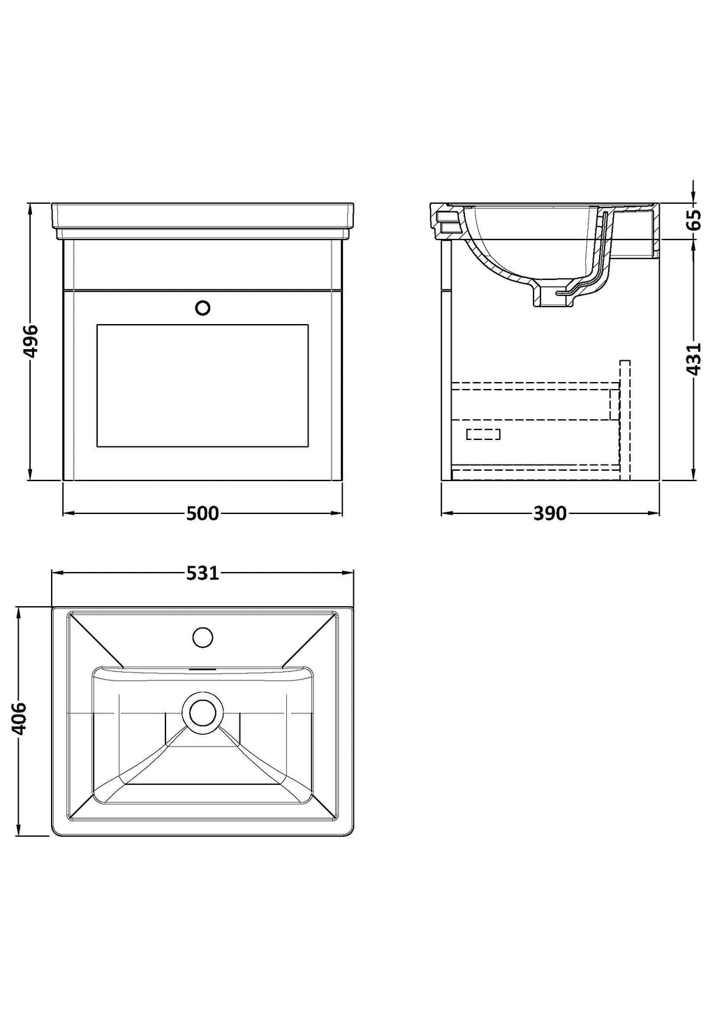 Schematic technical drawing of a modern bathroom vanity with integrated sink, detailed dimensions for bathroom renovation and design.