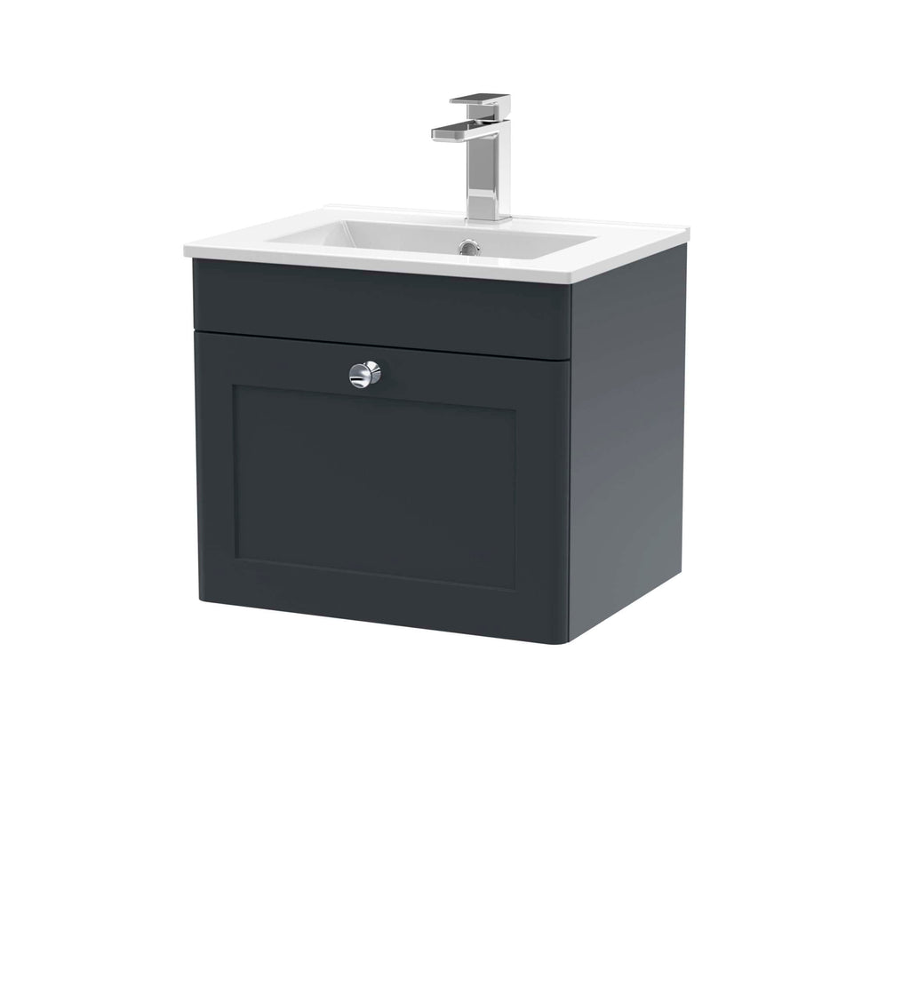 Sleek bathroom vanity unit with integrated sink and modern chrome tap, ideal for contemporary bathroom decor and storage needs.