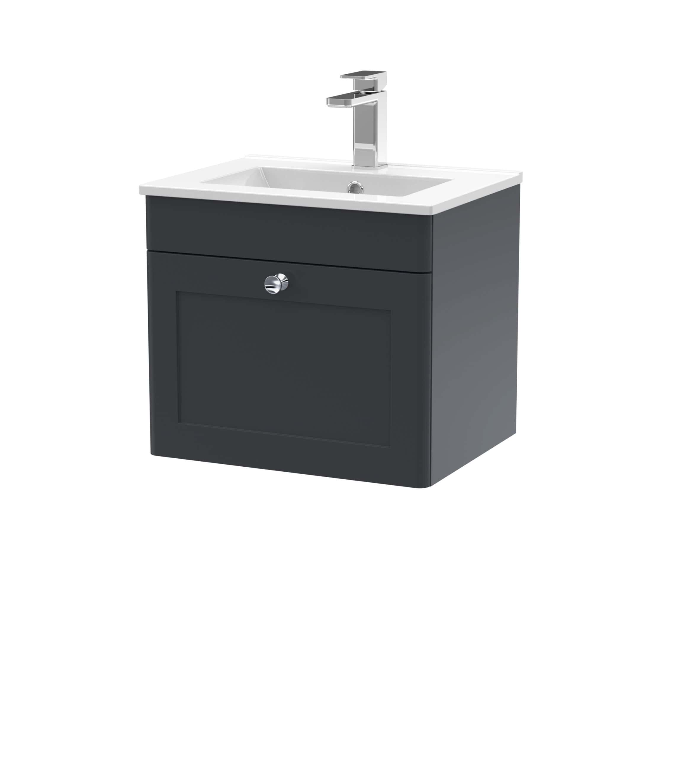 Sleek bathroom vanity unit with integrated sink and modern chrome tap, ideal for contemporary bathroom decor and storage needs.
