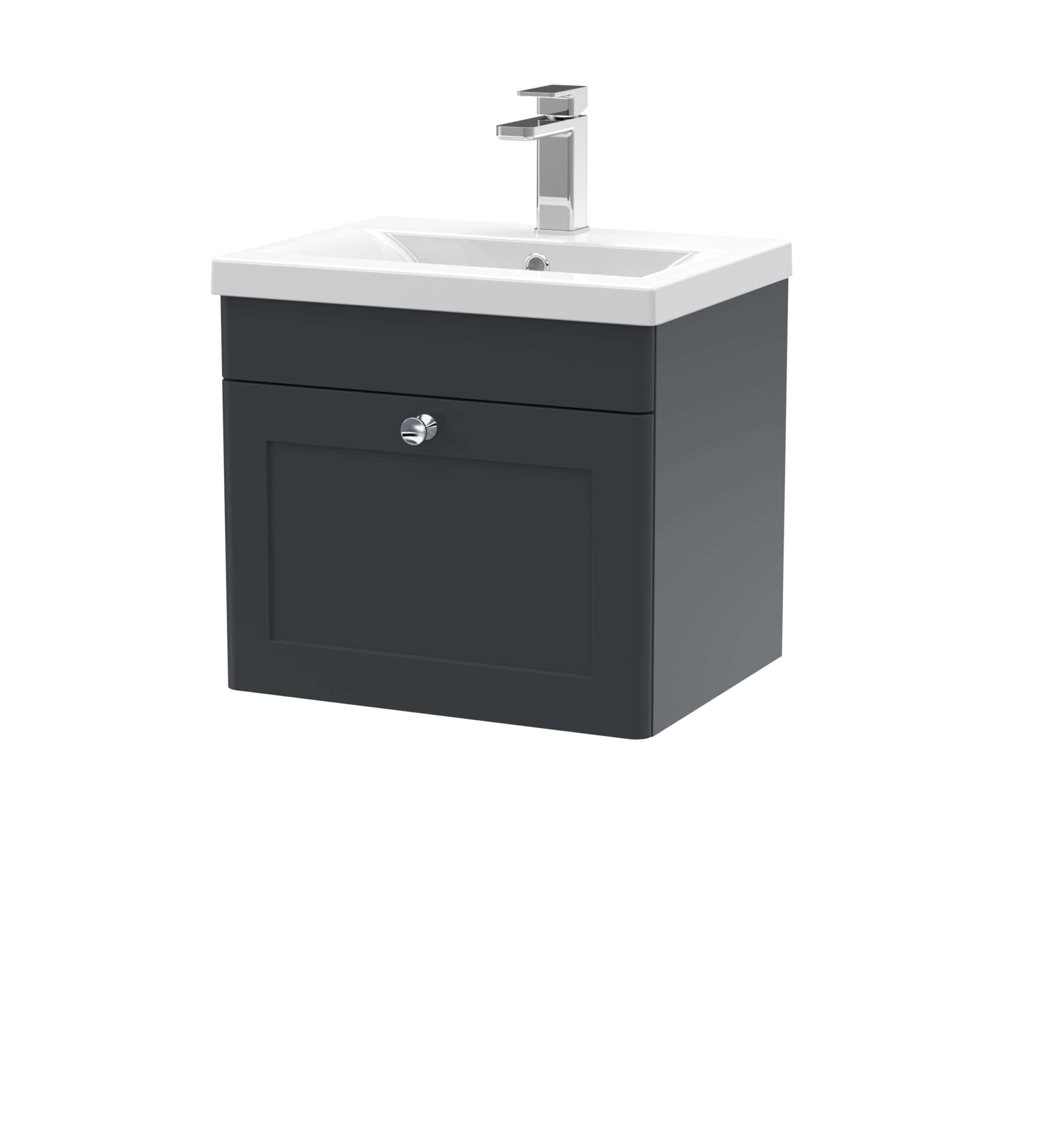 Modern bathroom sink and vanity unit with sleek black finish and chrome handle, perfect for contemporary bathrooms and home upgrades.