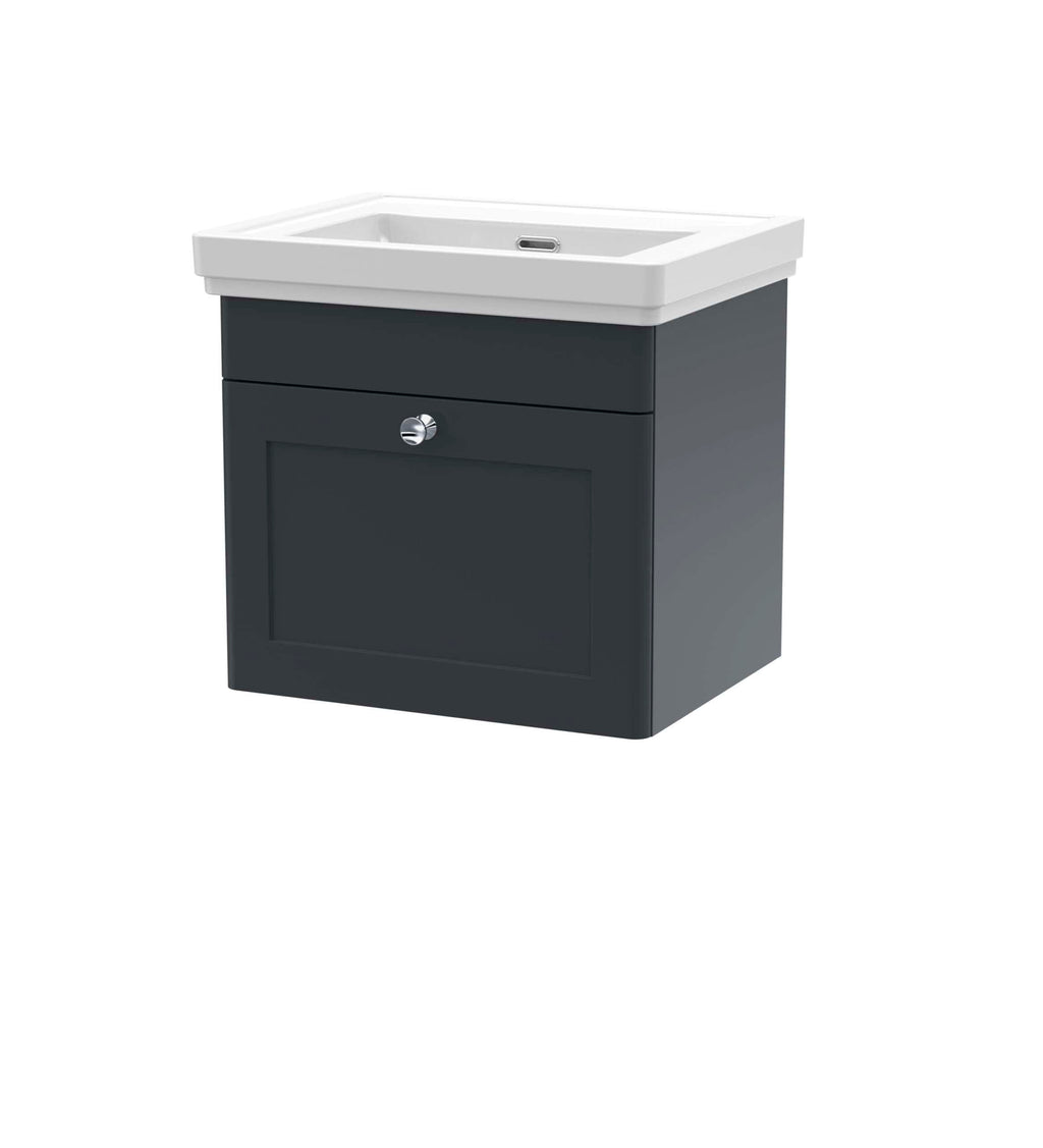 Modern bathroom vanity with integrated sink, sleek dark grey cabinet, and stylish silver knob, perfect for contemporary bathroom upgrades.