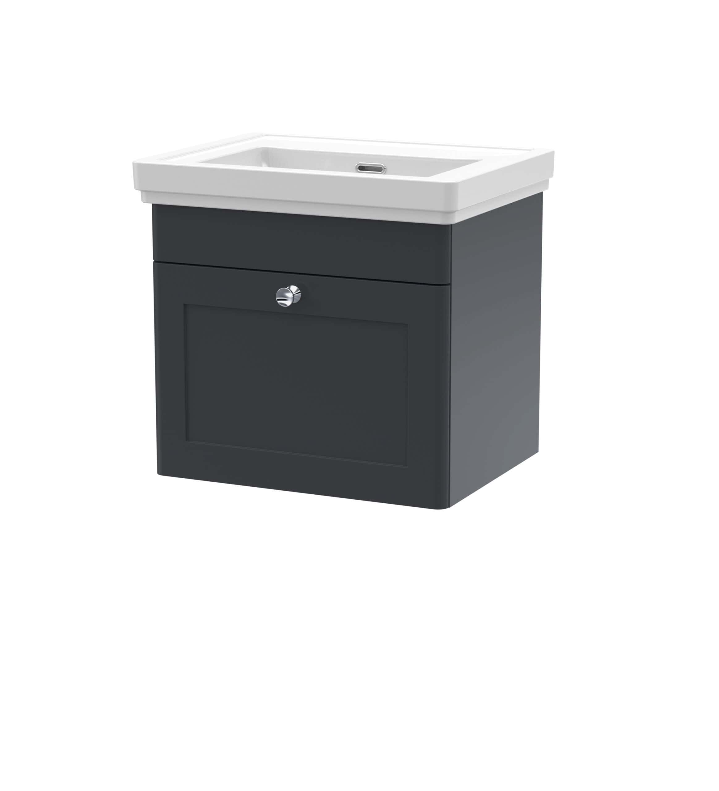 Modern bathroom vanity with integrated sink, sleek dark grey cabinet, and stylish silver knob, perfect for contemporary bathroom upgrades.