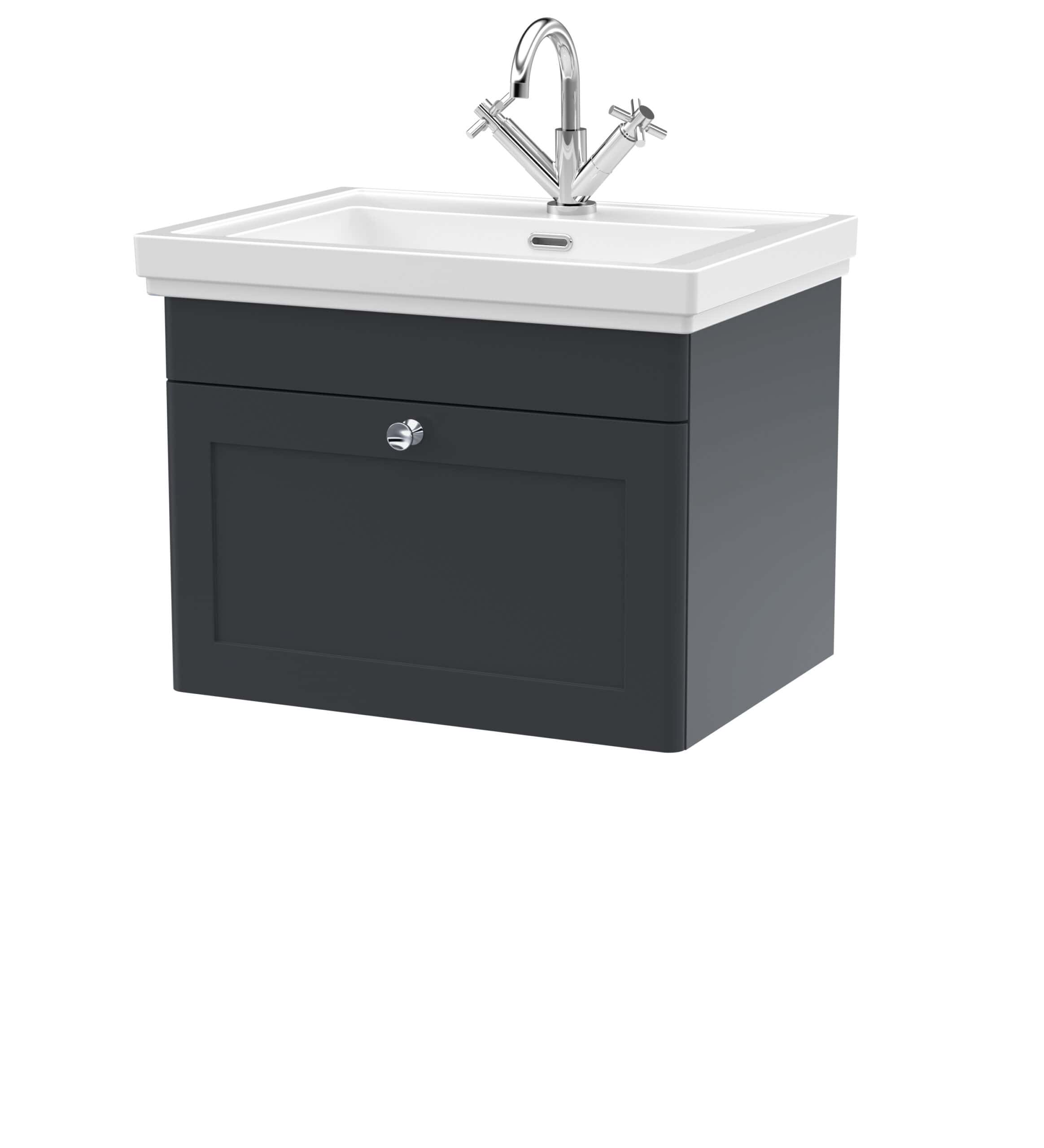 White bathroom sink with dark grey vanity cabinet, modern brass tap, ideal for stylish bathroom upgrades.