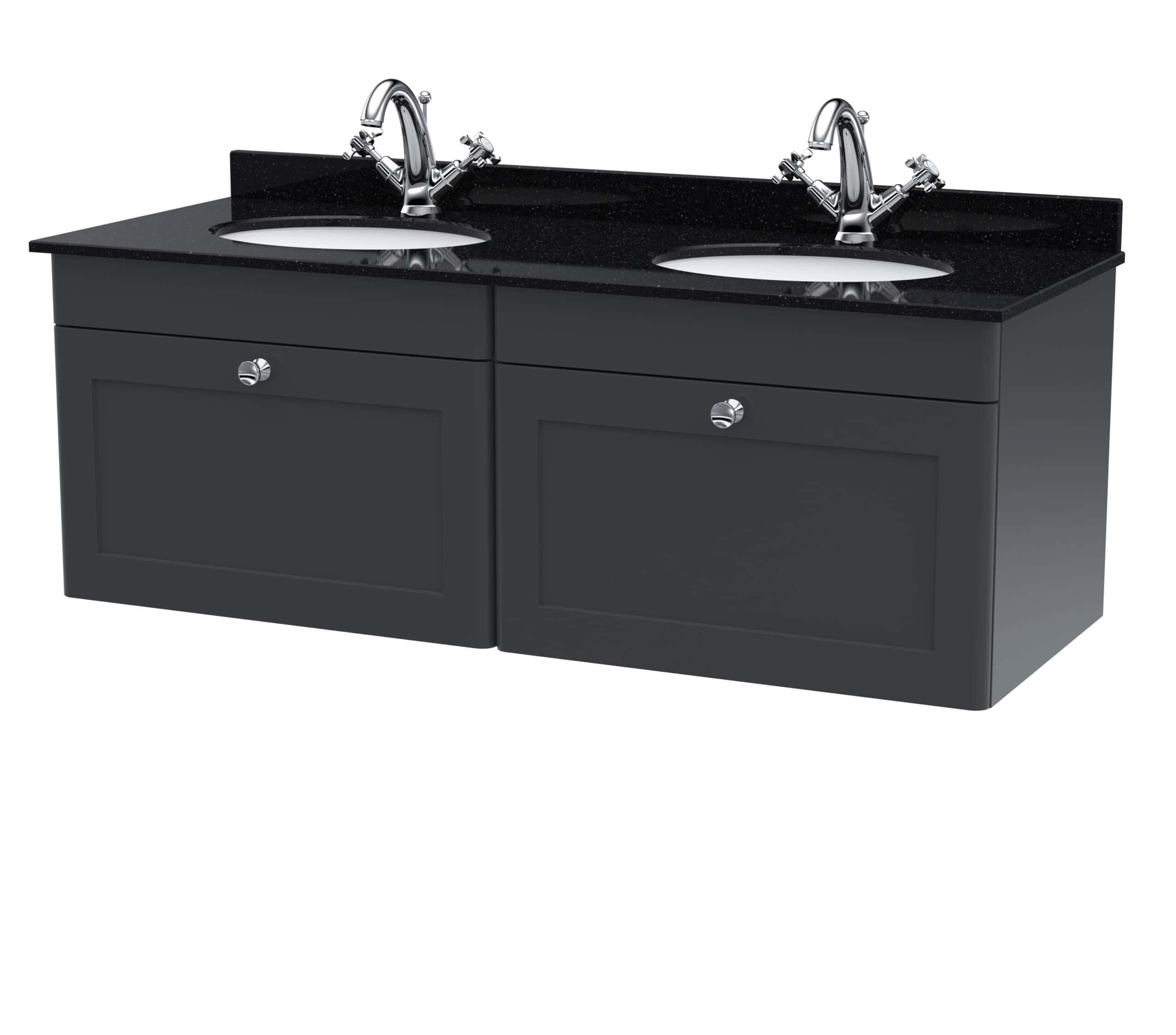 Dual sink bathroom vanity with black granite countertop and chrome faucets, modern design for stylish bathrooms.