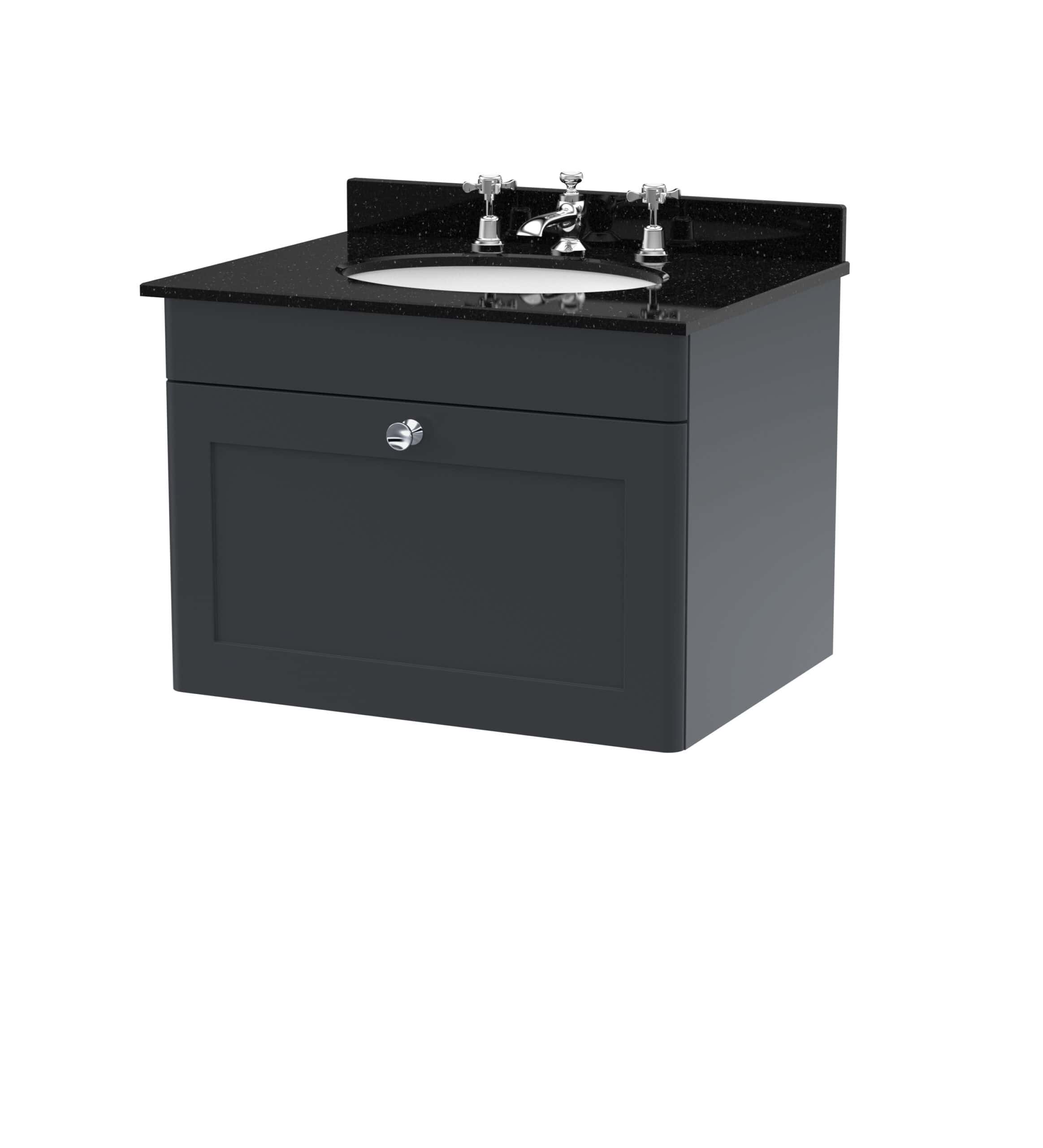 Polished grey bathroom vanity unit with black granite countertop and white ceramic sink, featuring chrome fittings and a single drawer, ideal for modern bathroom decor.