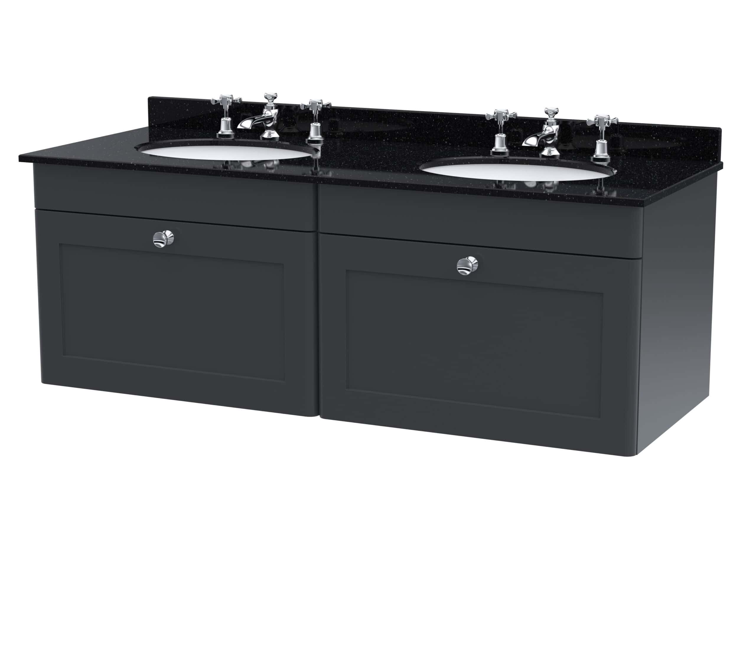 Polished black double bathroom vanity unit with double sinks and chrome fixtures, modern bathroom furniture for luxury bathrooms.