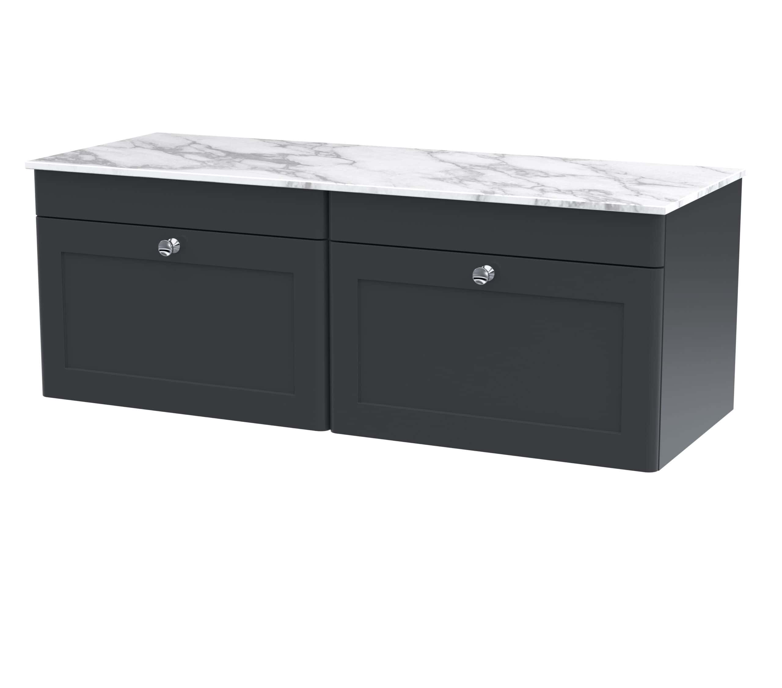 Sleek navy blue bathroom cabinet with marble top and chrome knobs, ideal for modern bathrooms and storage solutions. Durable, stylish, and space-efficient design from Bubly Bathrooms.