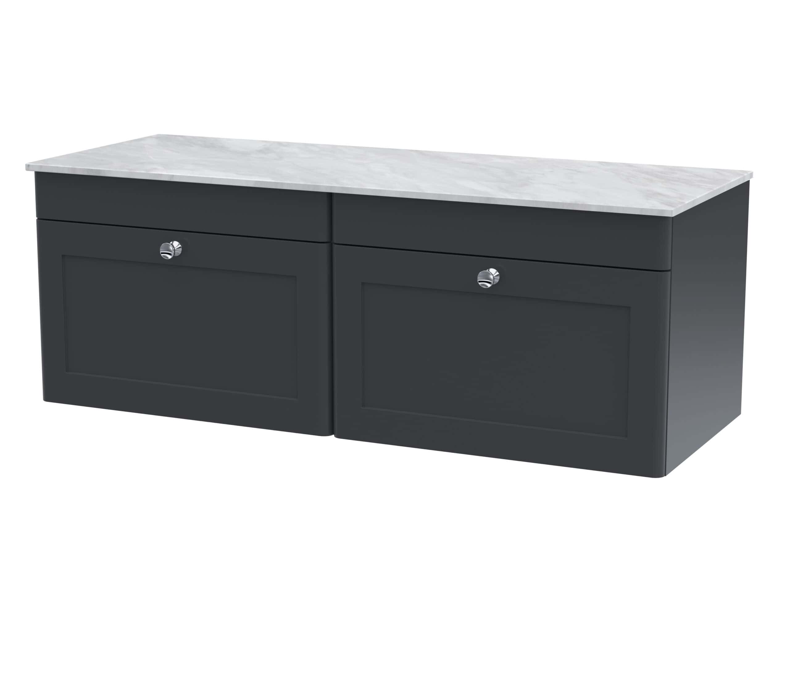 Modern grey bathroom vanity with marble top and storage drawers for stylish, functional bathroom organisation. Perfect for contemporary bathroom designs.