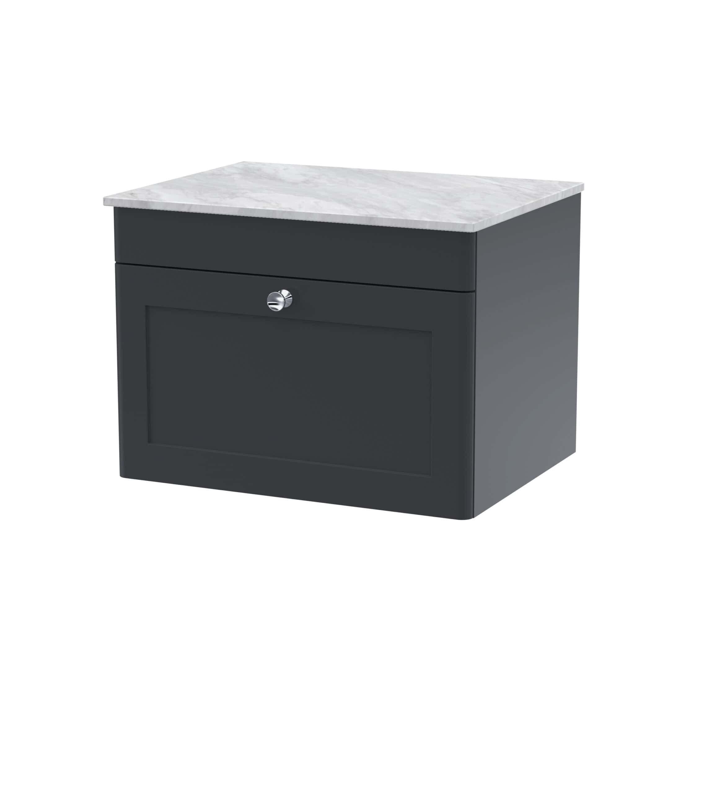 Contemporary bathroom vanity with dark grey finish and white marble top, ideal for modern bathroom decor and storage solutions.