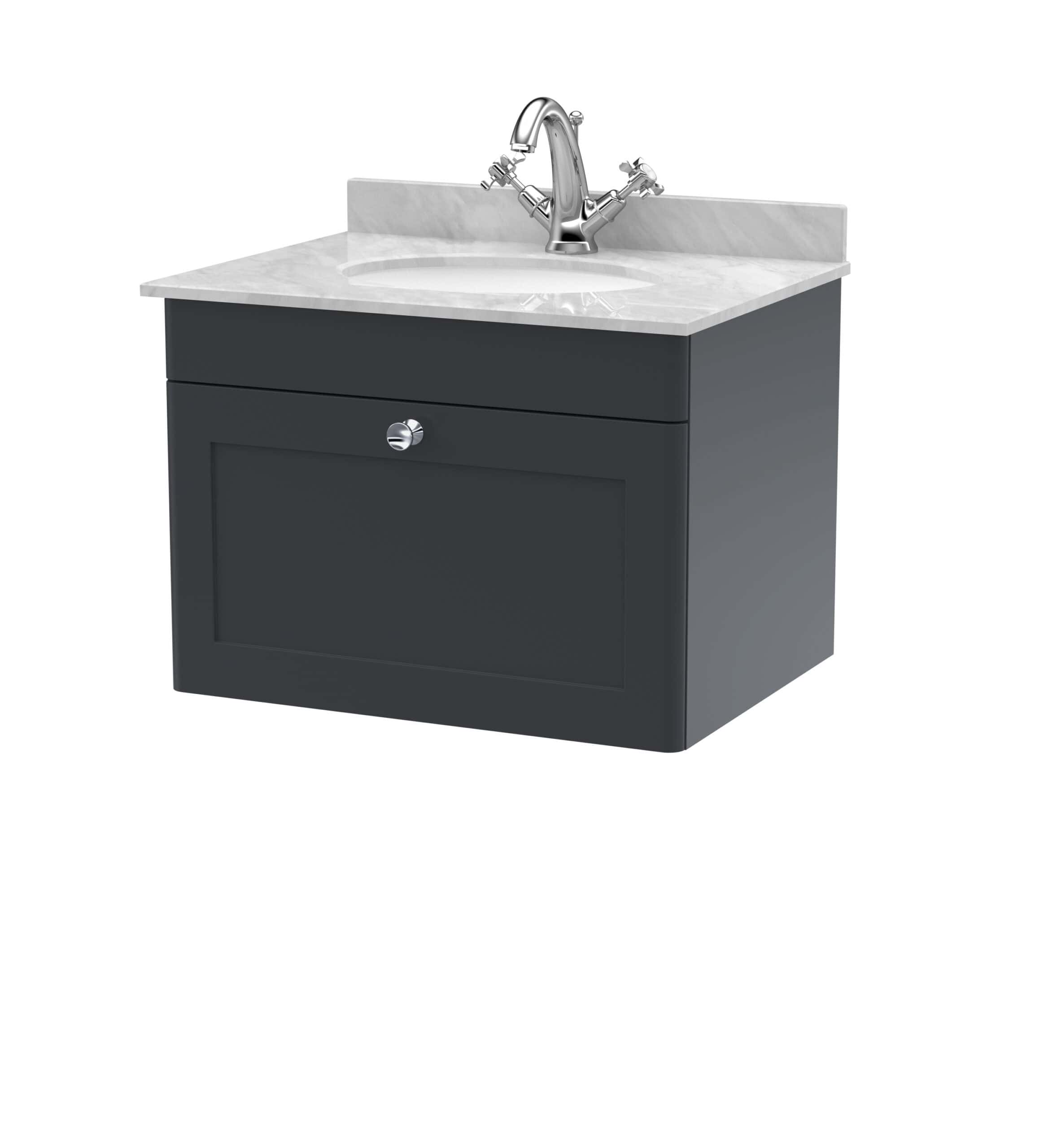 Sleek bathroom vanity with marble countertop and chrome faucet, ideal for modern bathroom design and renovation, providing stylish and functional bathroom storage and sink solution.
