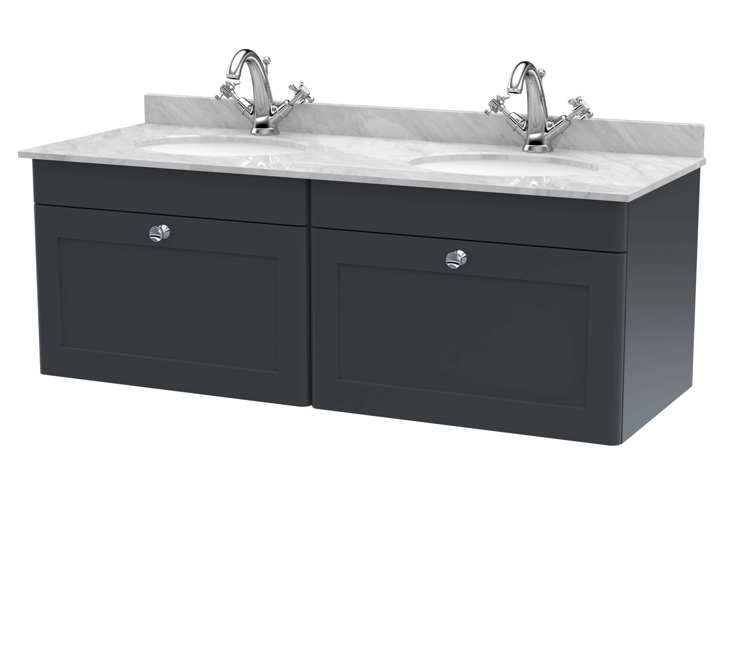 Polished dual undermount bathroom sinks with chrome faucets on a dark cabinet, modern bathroom vanity unit, premium quality bathroom furniture.