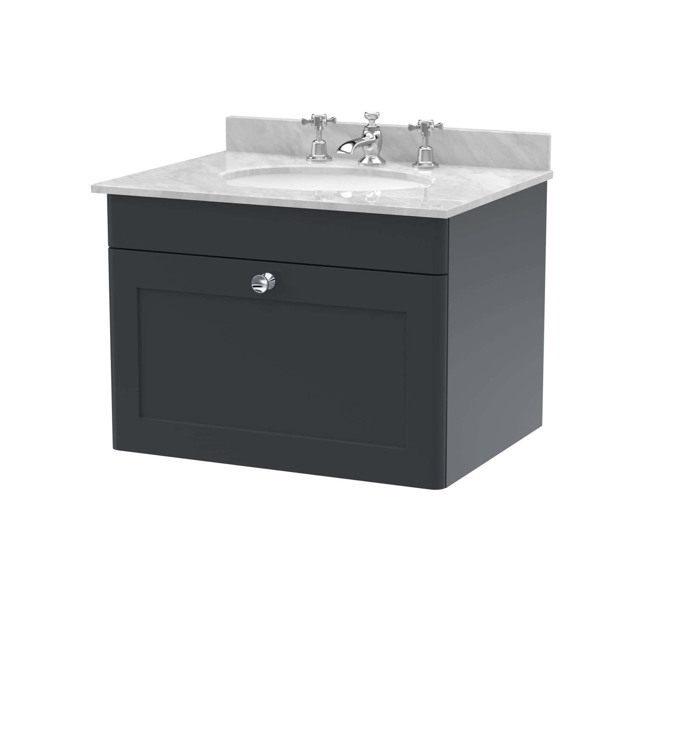 Polished dark grey bathroom vanity with white marble countertop and classic chrome fixtures, ideal for modern bathroom renovations.