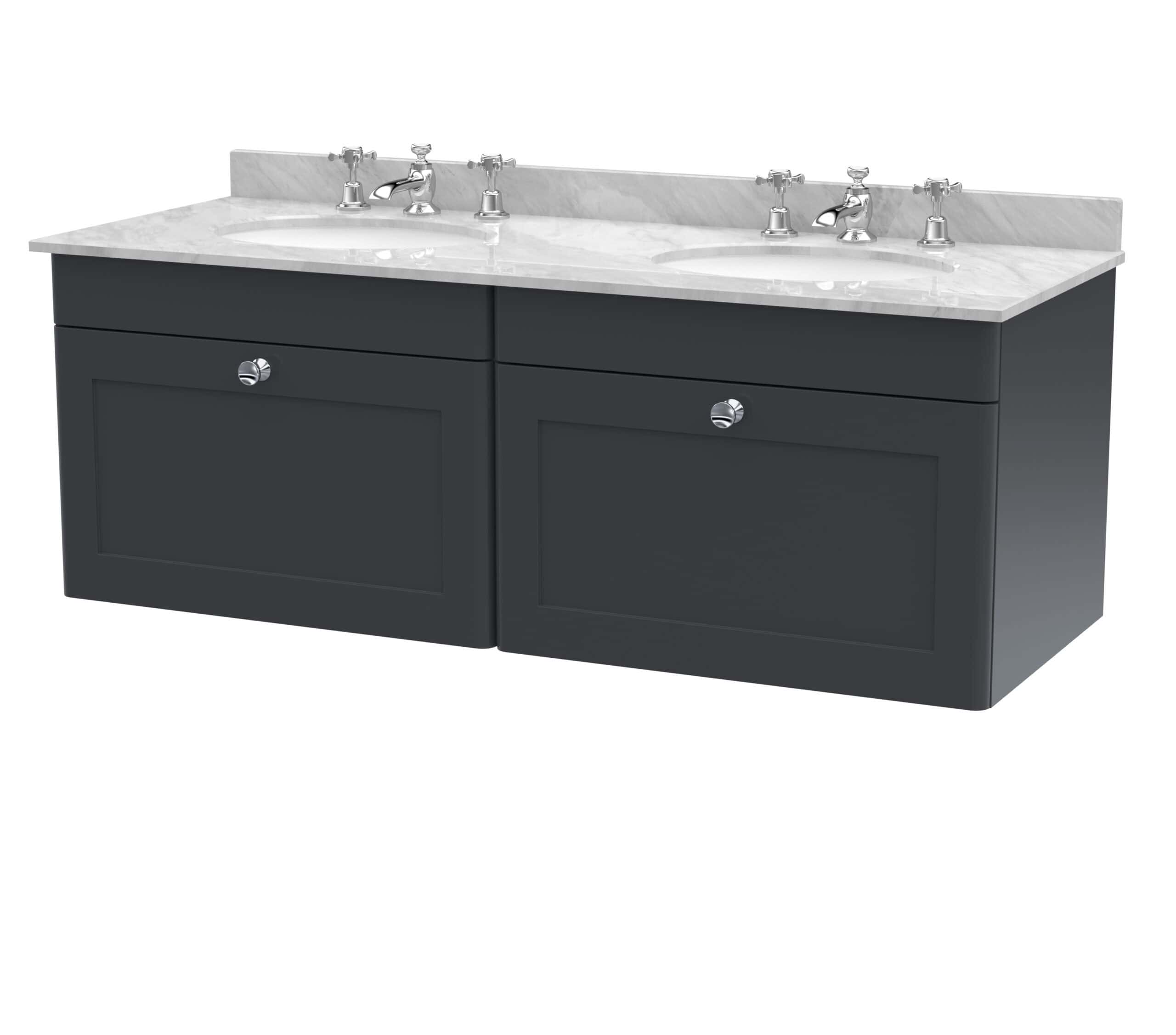 Sleek double bathroom vanity with marble countertop and dual sinks, featuring contemporary dark grey cabinets and chrome fixtures, perfect for modern bathroom designs.