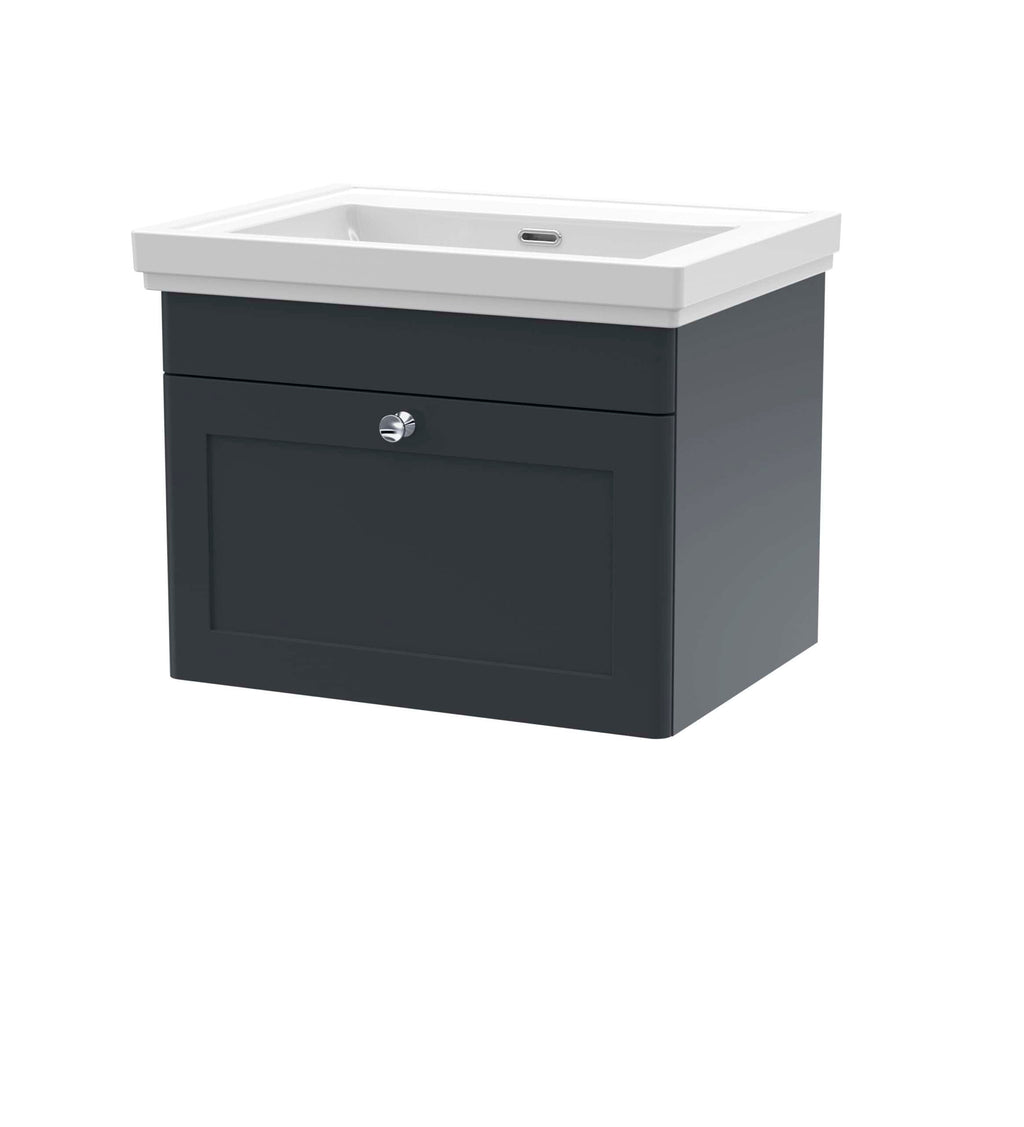 Modern bathroom vanity with integrated sink and storage cabinet, perfect for contemporary bathroom design. Features a sleek black finish and chrome handle for stylish storage solutions.