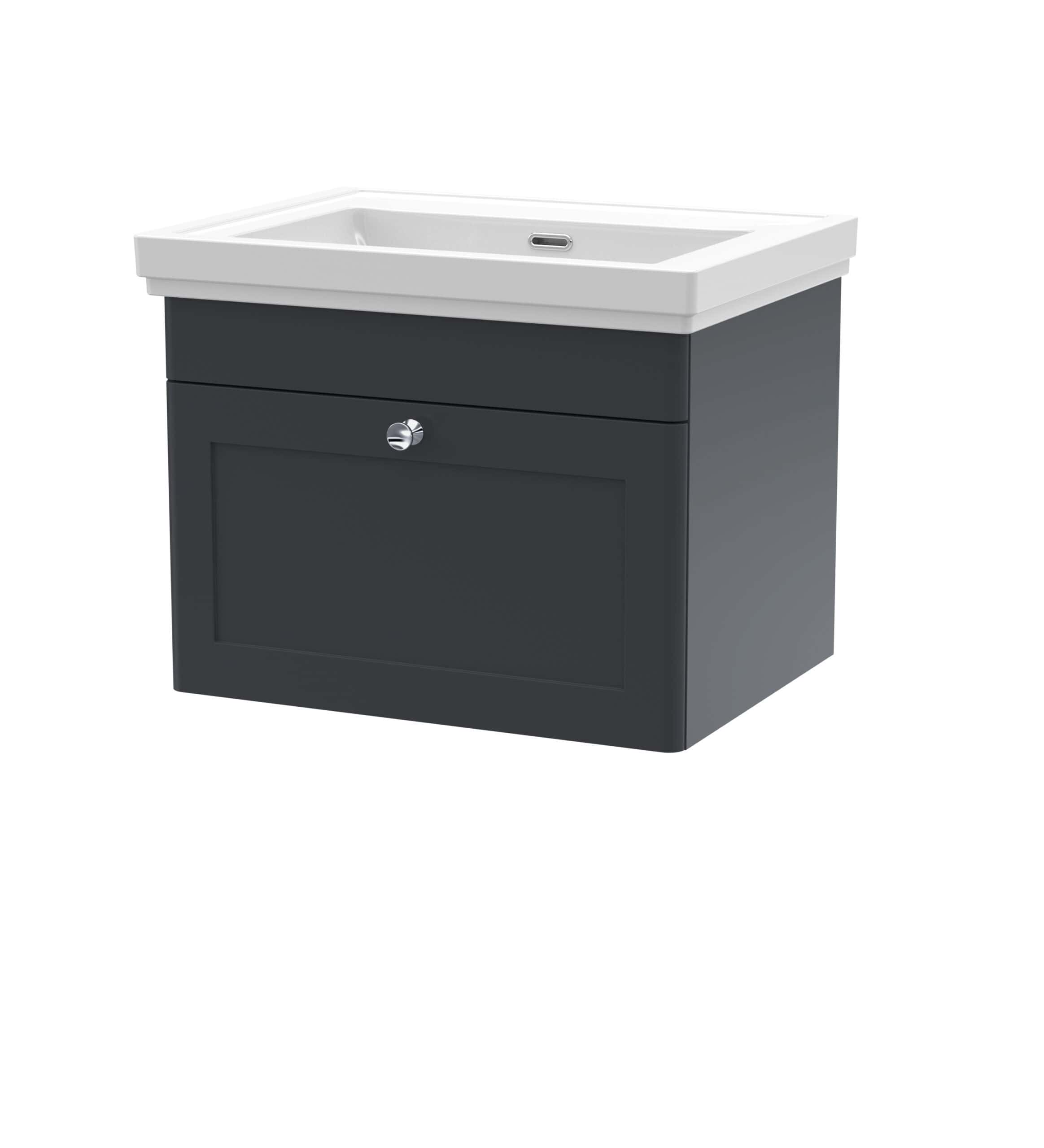 Modern bathroom vanity with integrated sink and storage cabinet, perfect for contemporary bathroom design. Features a sleek black finish and chrome handle for stylish storage solutions.