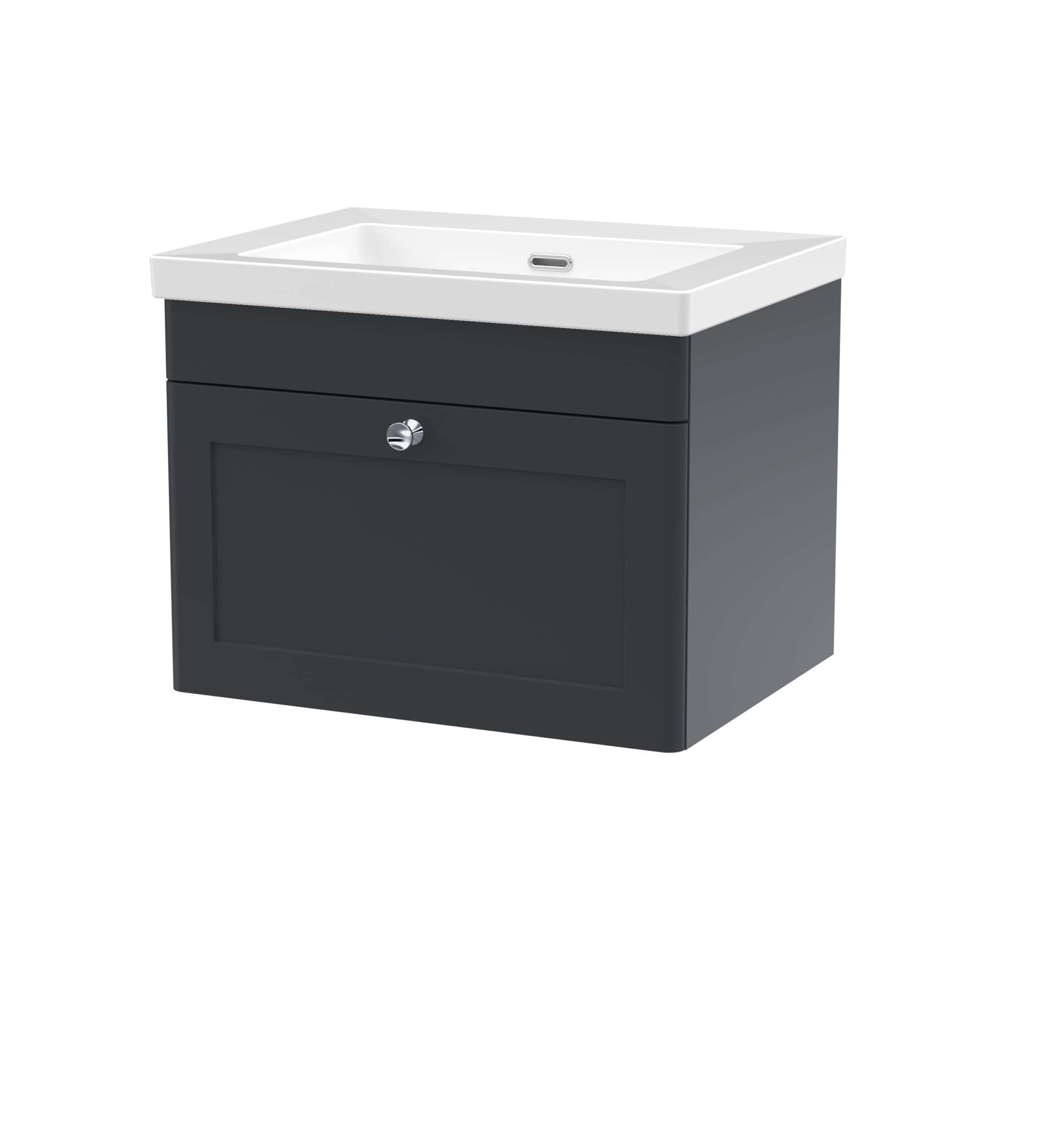 Sleek bathroom vanity unit with integrated ceramic sink, dark grey finish and storage cabinet, perfect for modern bathrooms. Durable, stylish, and functional design by Bubly Bathrooms.