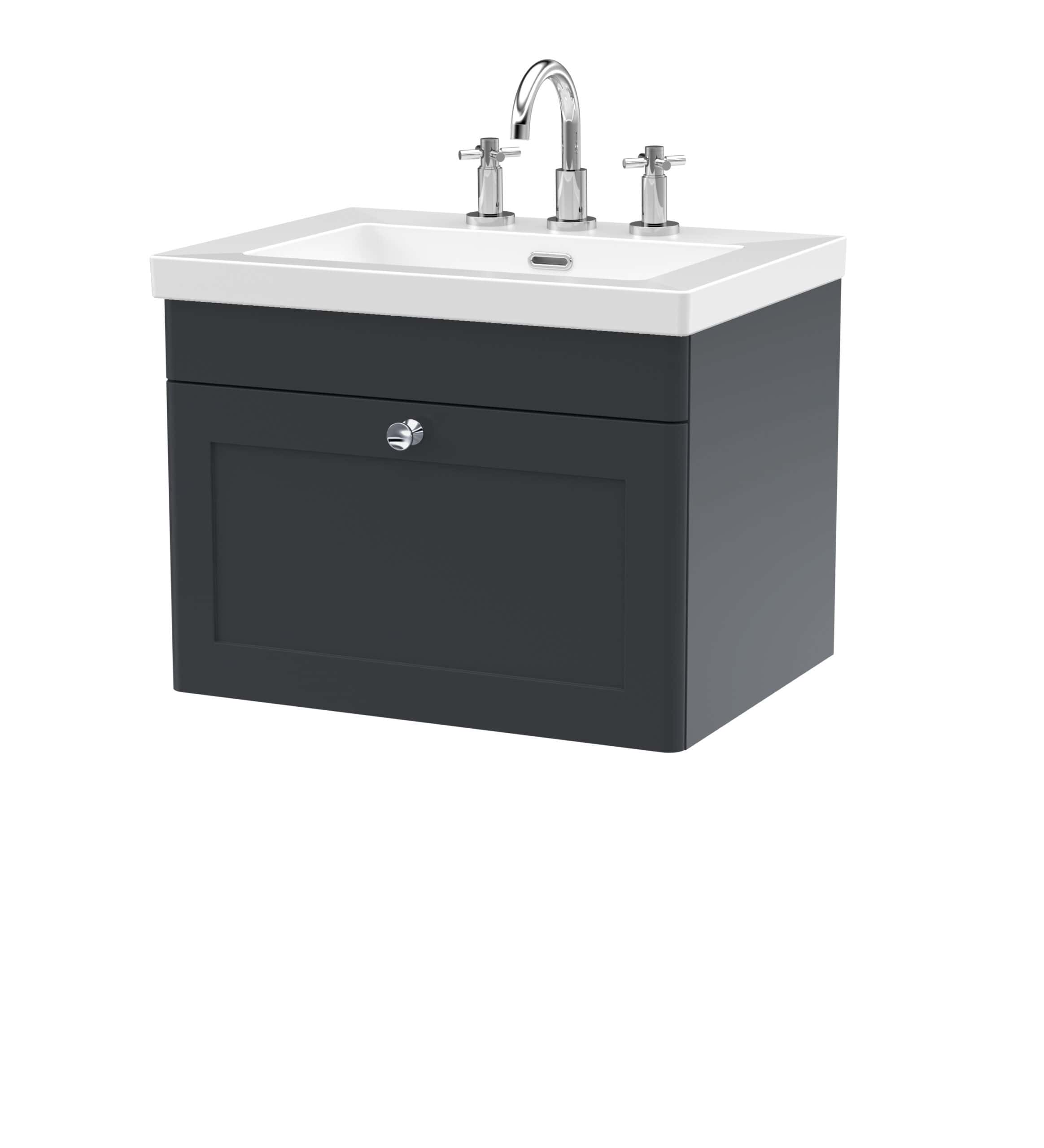 Sleek bathroom vanity unit with a white ceramic sink and chrome taps, ideal for modern bathrooms, offering stylish storage and fixtures.