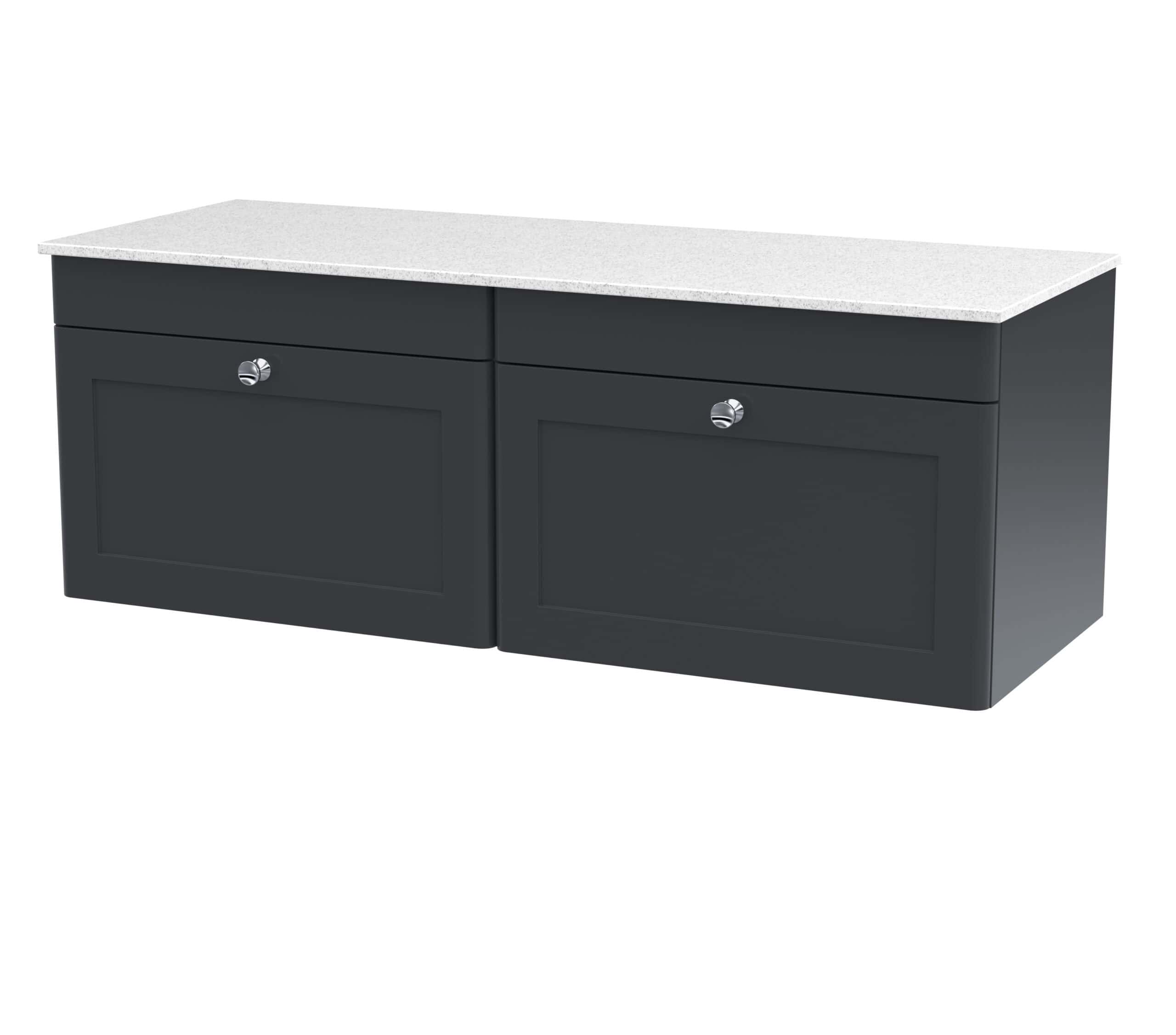 Dark grey bathroom vanity unit with a white speckled countertop, perfect for modern bathroom storage solutions. Features two cabinets with sleek chrome knobs for easy access.