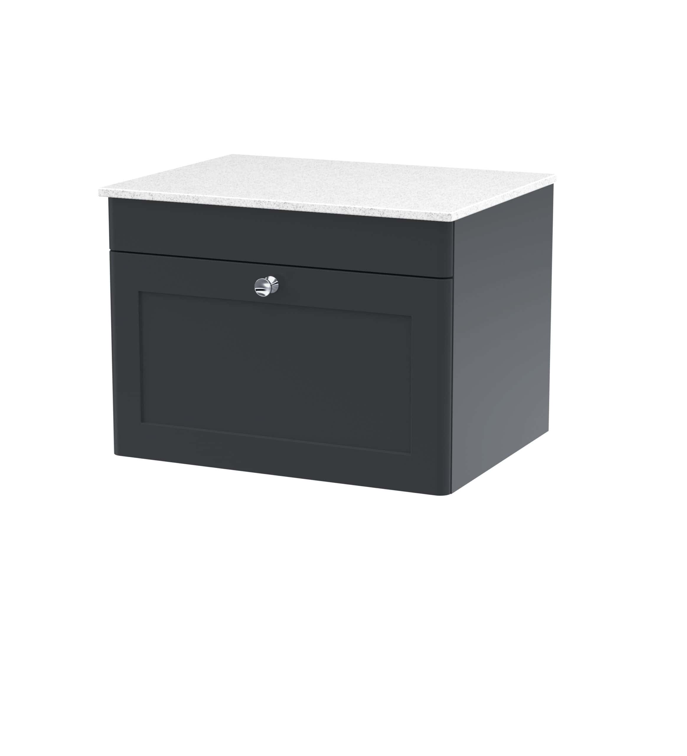 Modern black bathroom wall cabinet with a white countertop, ideal for bathroom storage and organisation.