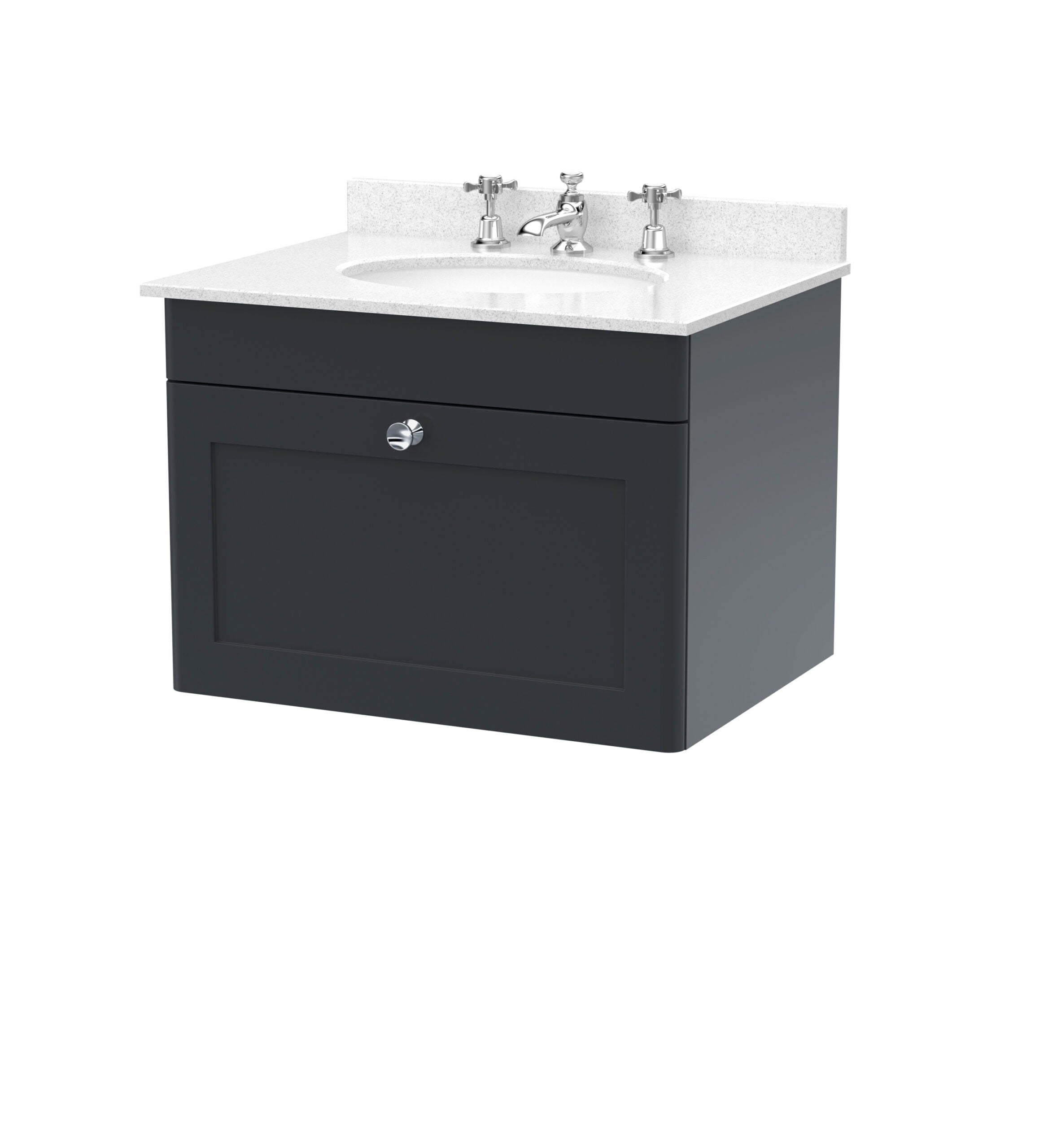 Polished bathroom vanity unit with a white countertop and chrome fixtures, ideal for contemporary bathroom designs.