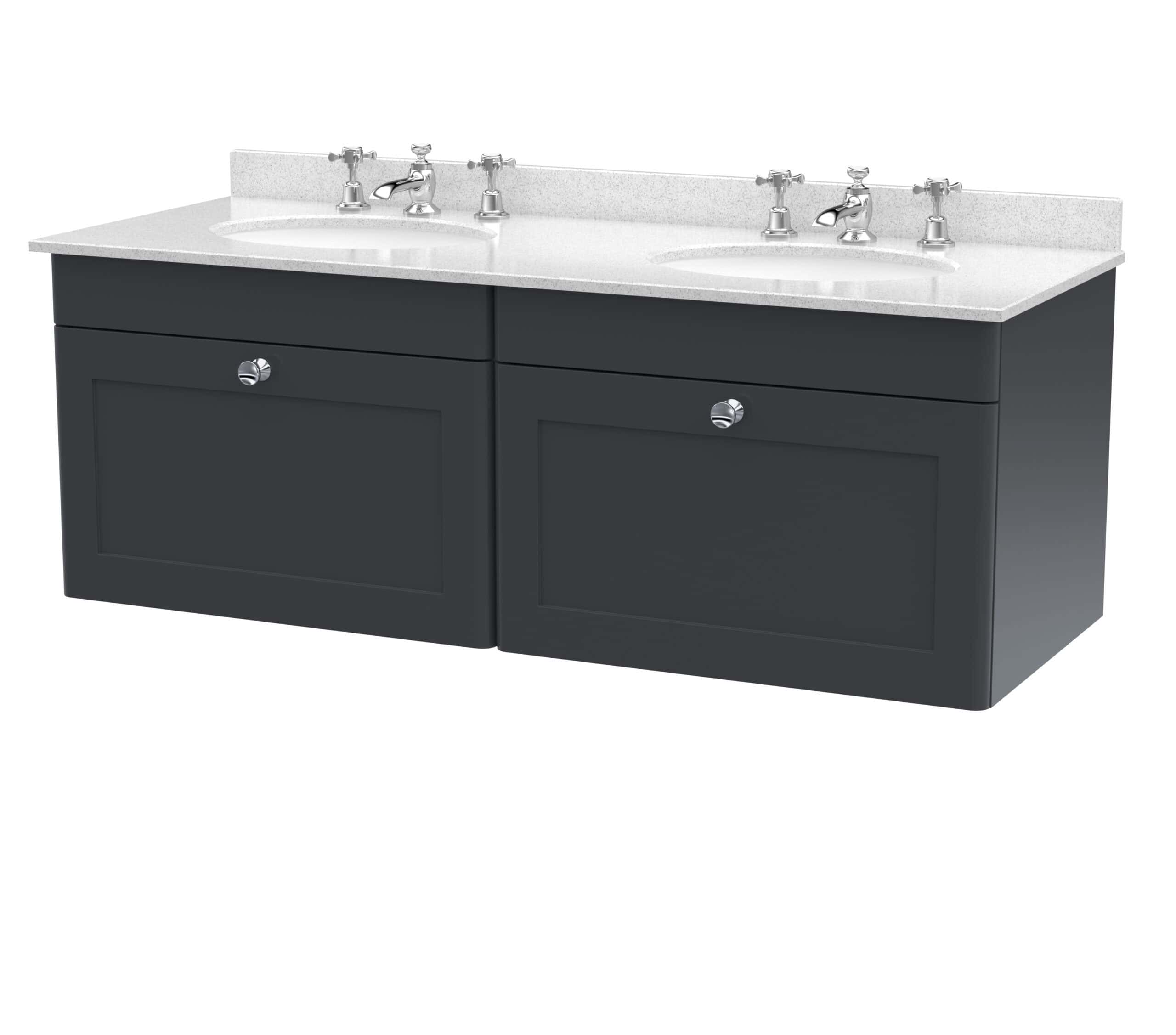 Modern double bathroom vanity with dark grey cabinets and white speckled countertop, dual sinks, and chrome fixtures for contemporary bathroom design.