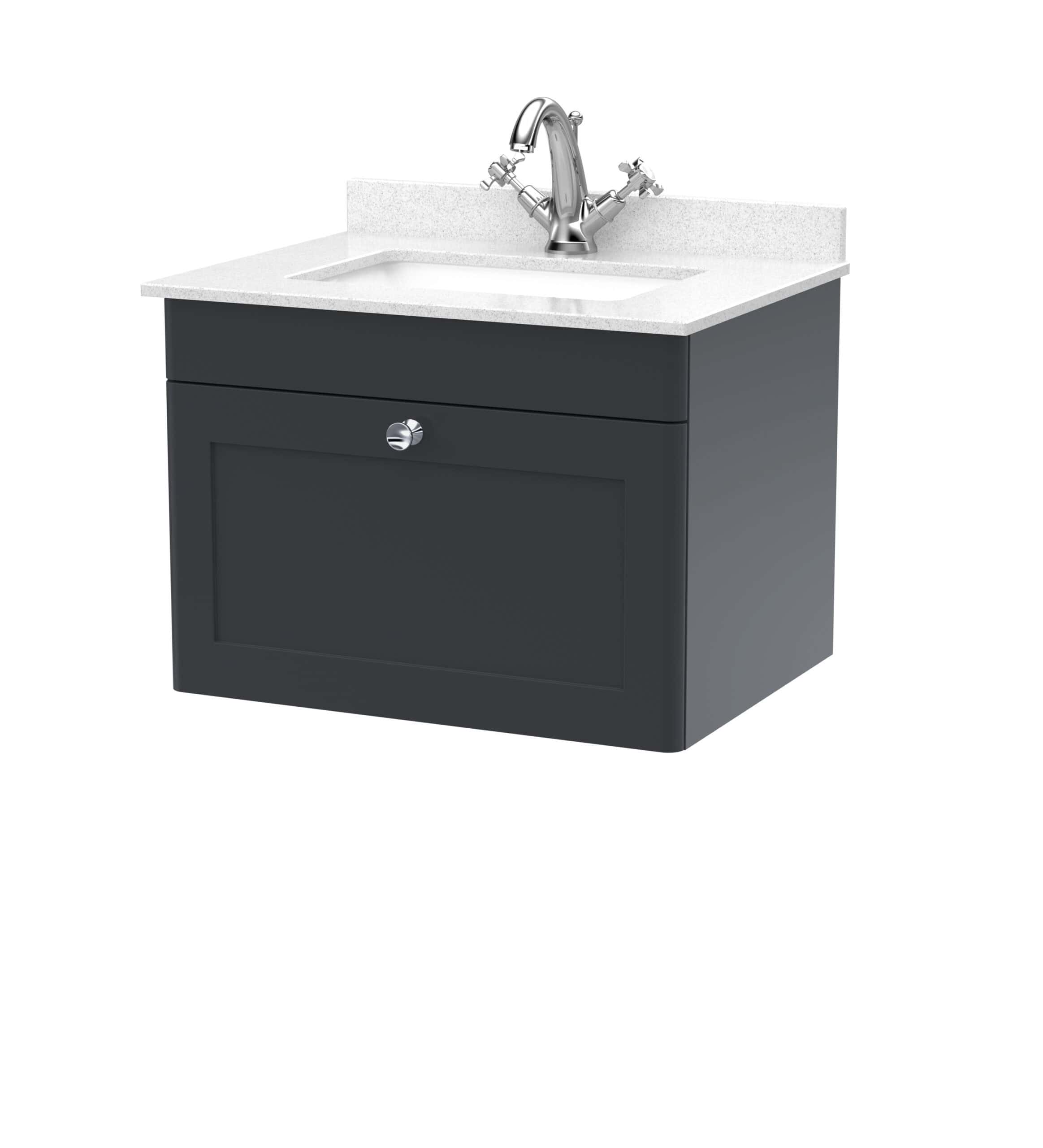 Modern bathroom vanity unit with white countertop and chrome faucet, ideal for contemporary bathroom remodels and storage solutions.