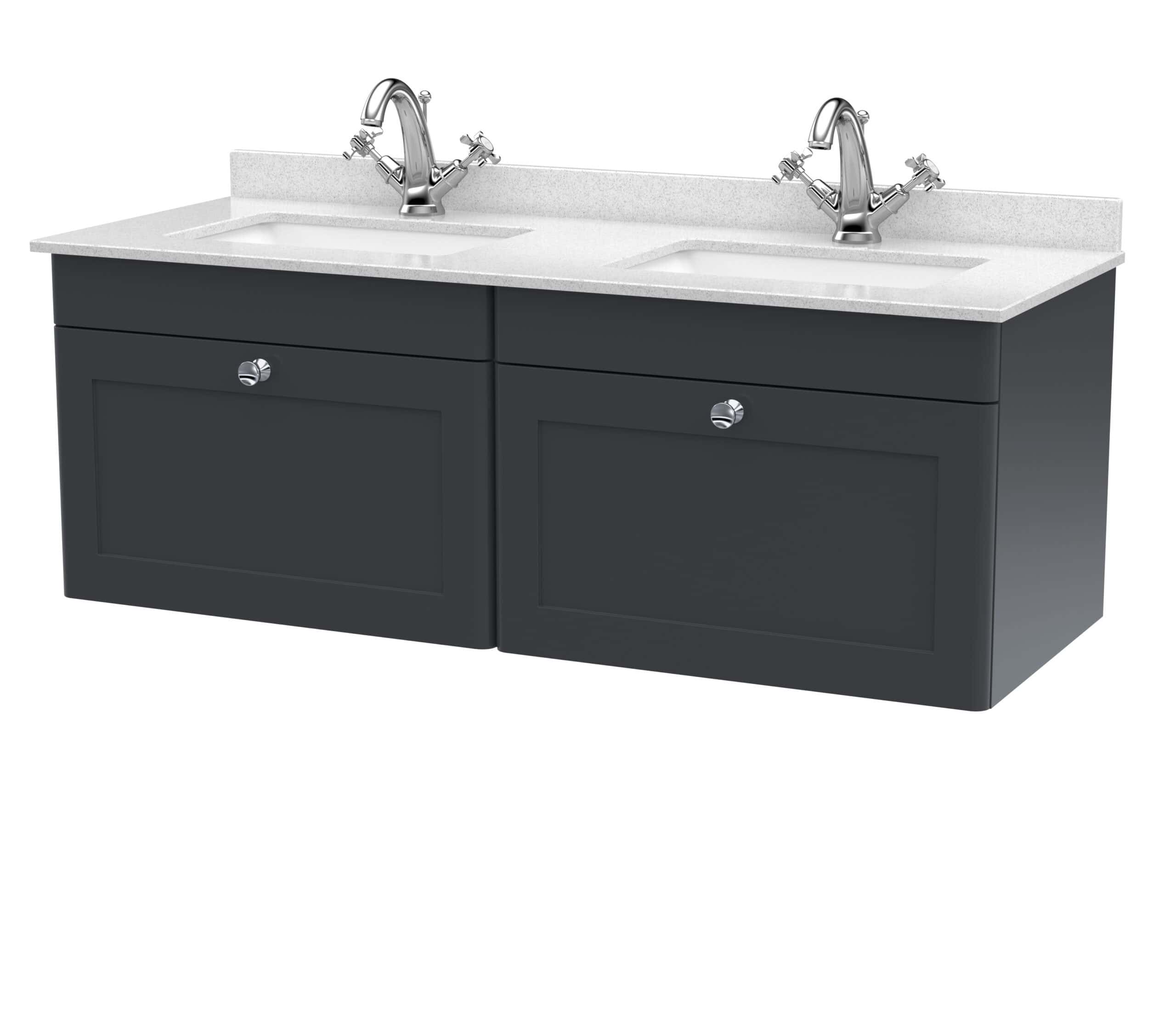 Double sink bathroom vanity unit with modern chrome taps and grey cabinetry for elegant bathroom storage and stylish design.