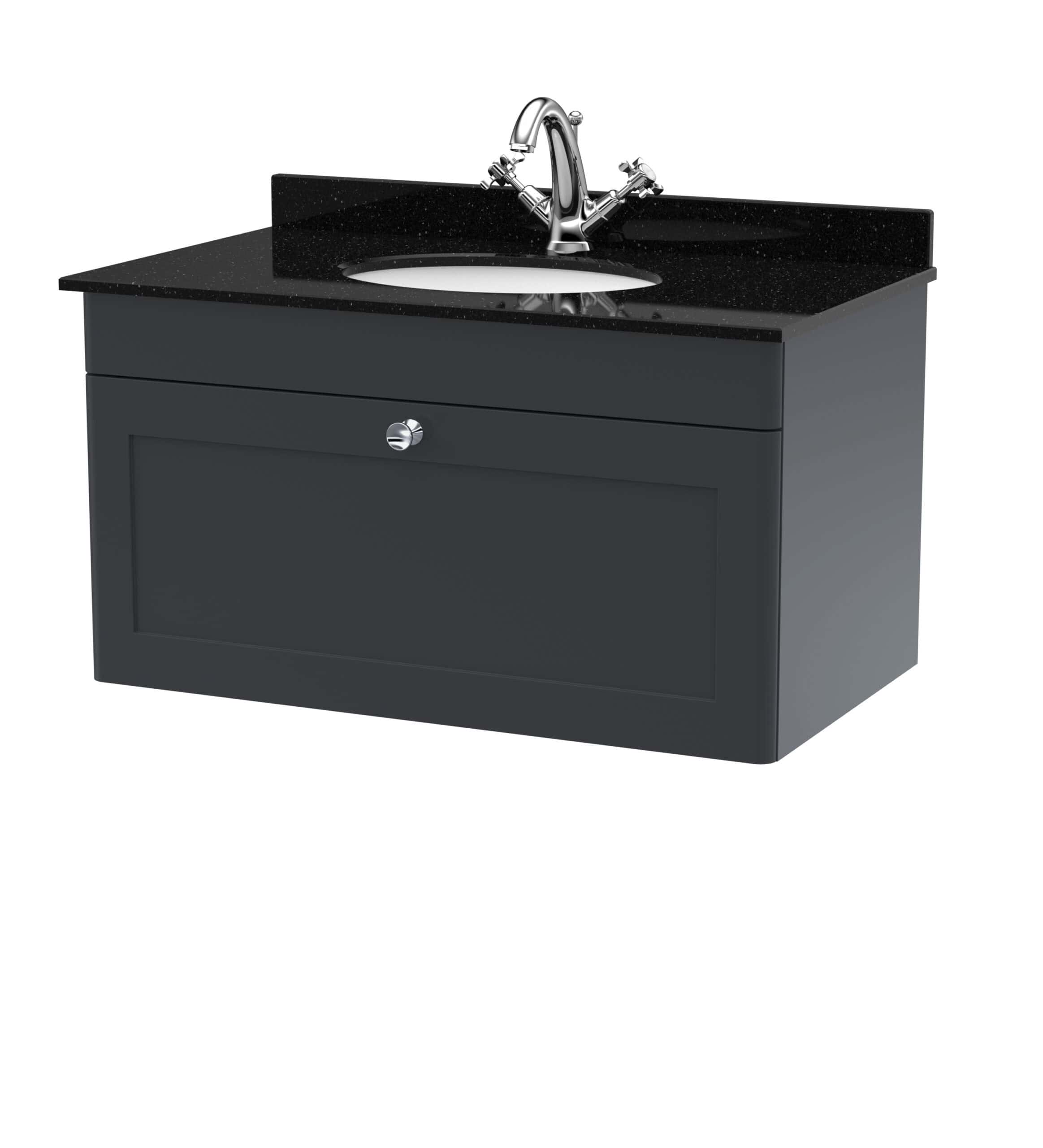 Sleek modern bathroom vanity with black granite countertop and chrome tap, ideal for stylish bathroom upgrades and space-saving storage solutions.