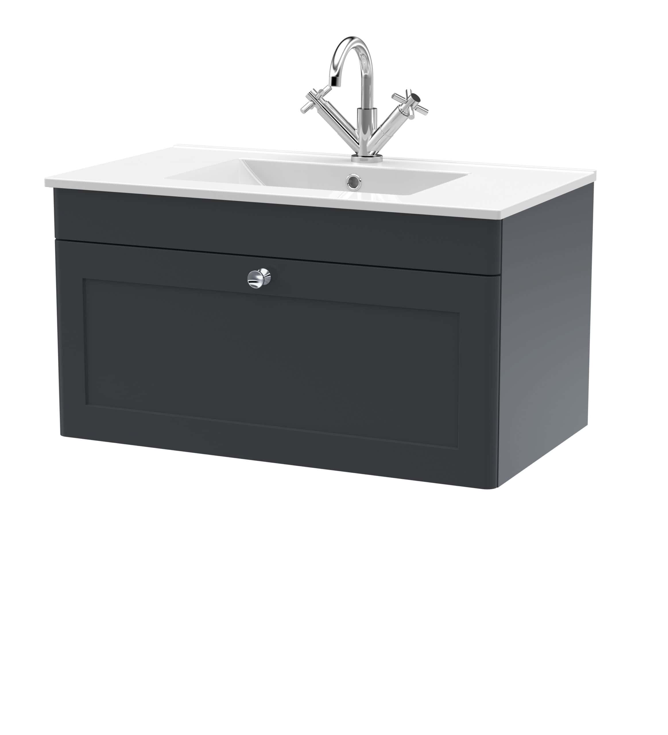 Modern bathroom vanity unit with integrated sink and chrome tap, ideal for contemporary bathroom designs and storage solutions.