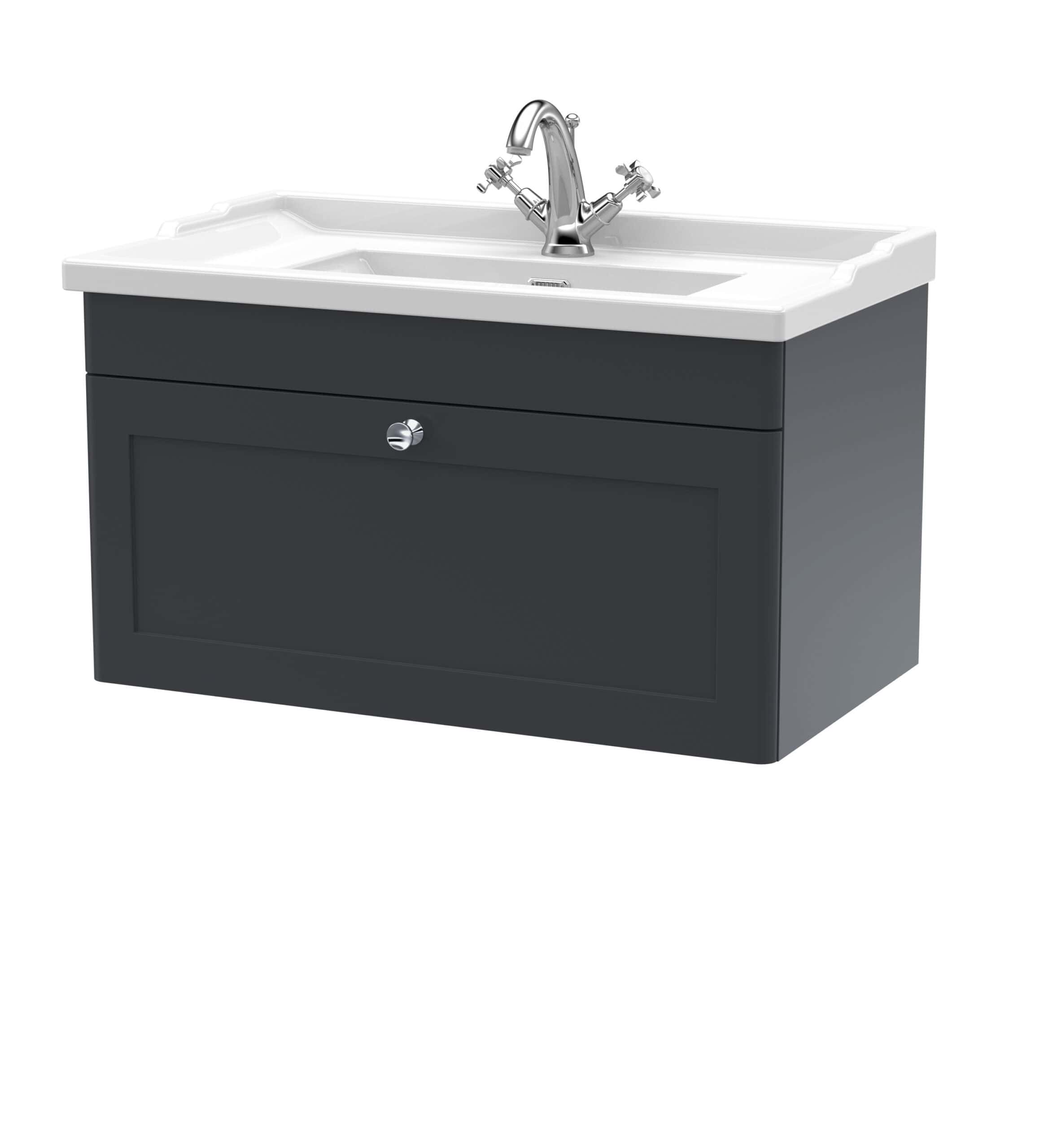 Shower vanity unit with integrated sink and chrome tap, ideal for modern bathroom designs. Stylish grey cabinet with storage drawer for toiletries, combining practicality and aesthetics.