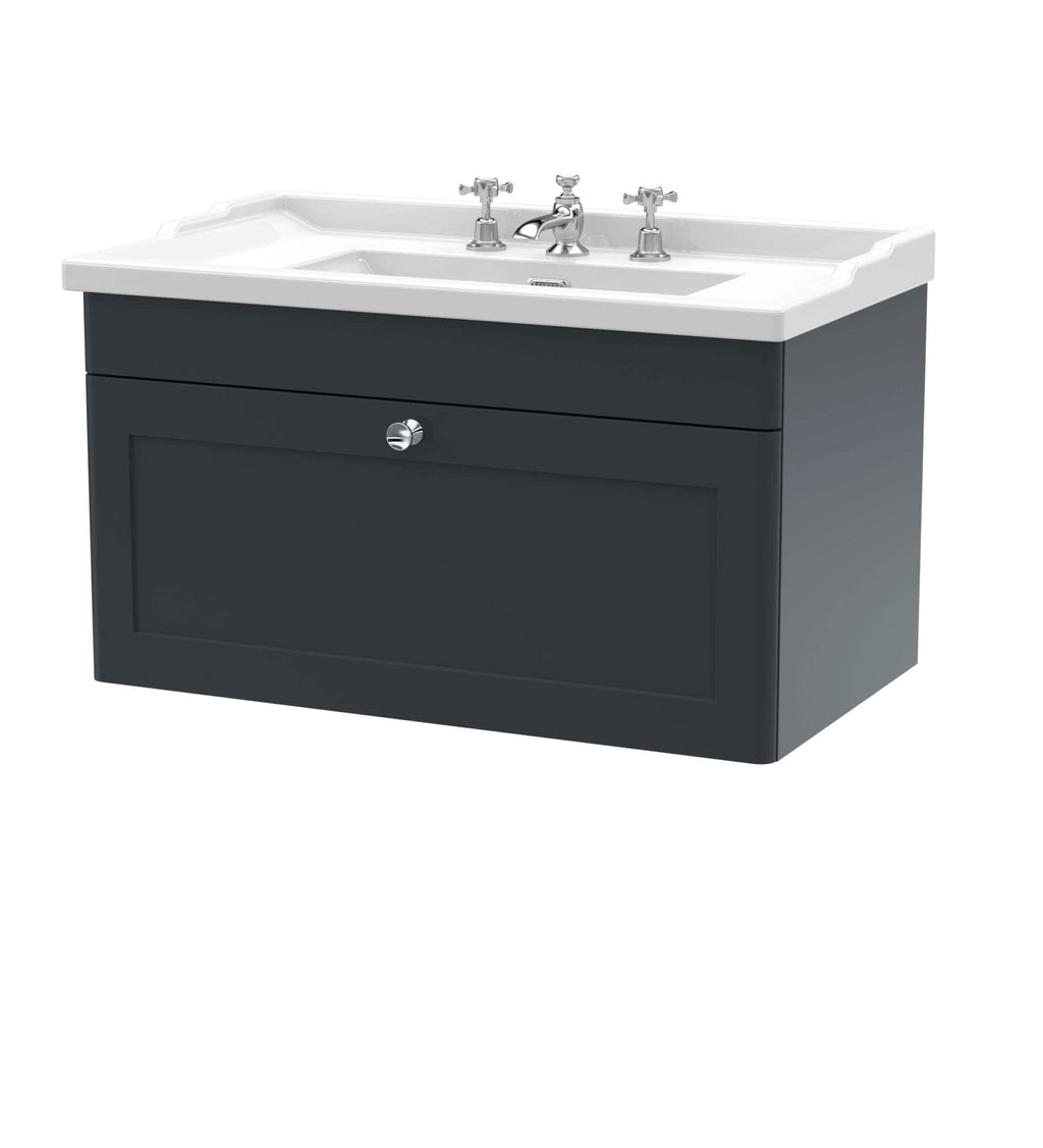 Polished bathroom vanity unit with integrated sink and chrome mixer taps, perfect for modern bathroom decor. Stylish grey cabinet and clean design ideal for bathroom storage solutions.
