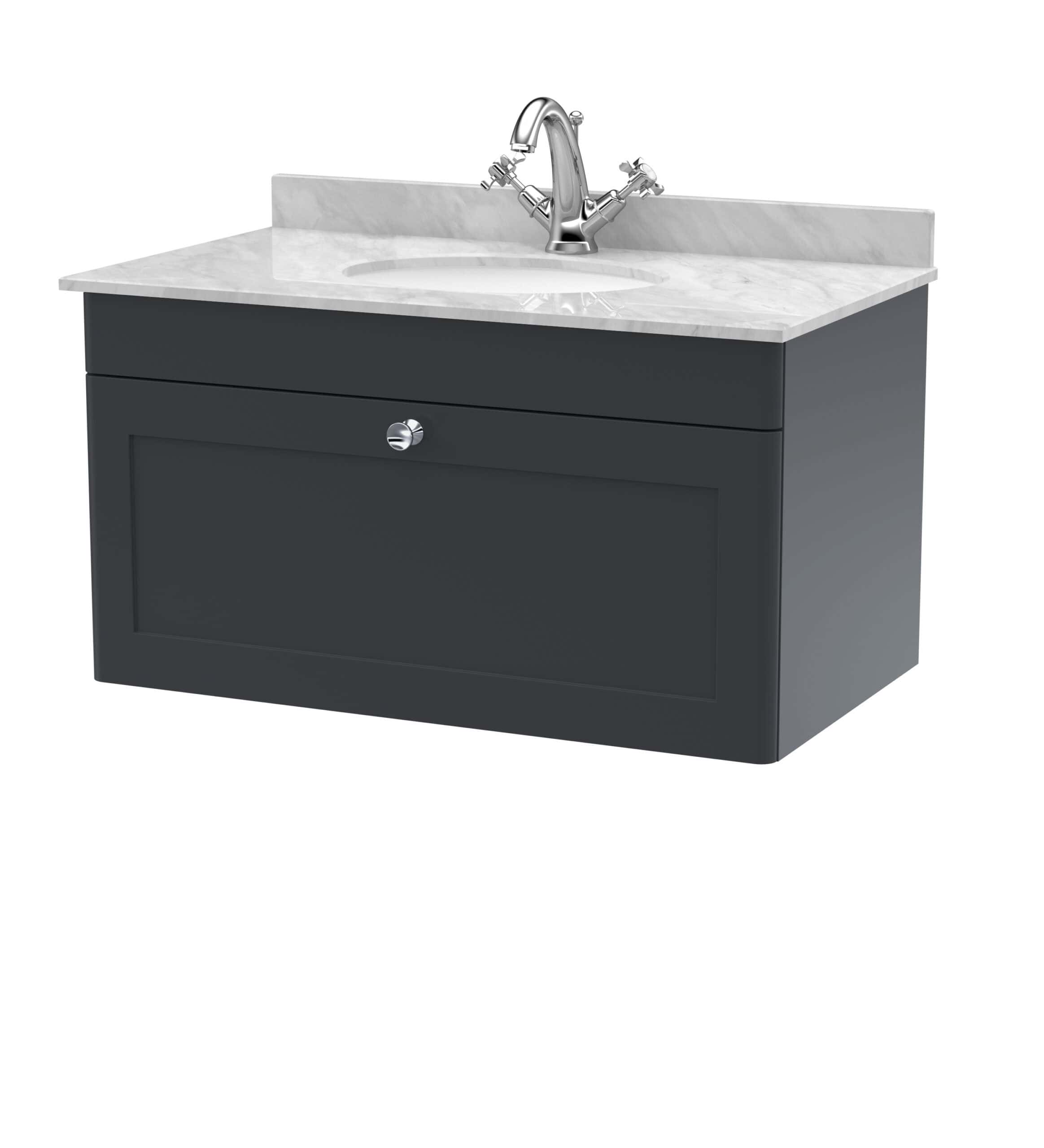 Polished bathroom vanity with a marble countertop, chrome faucet, and sleek dark grey cabinet, ideal for modern bathroom design and bathroom refurbishments.