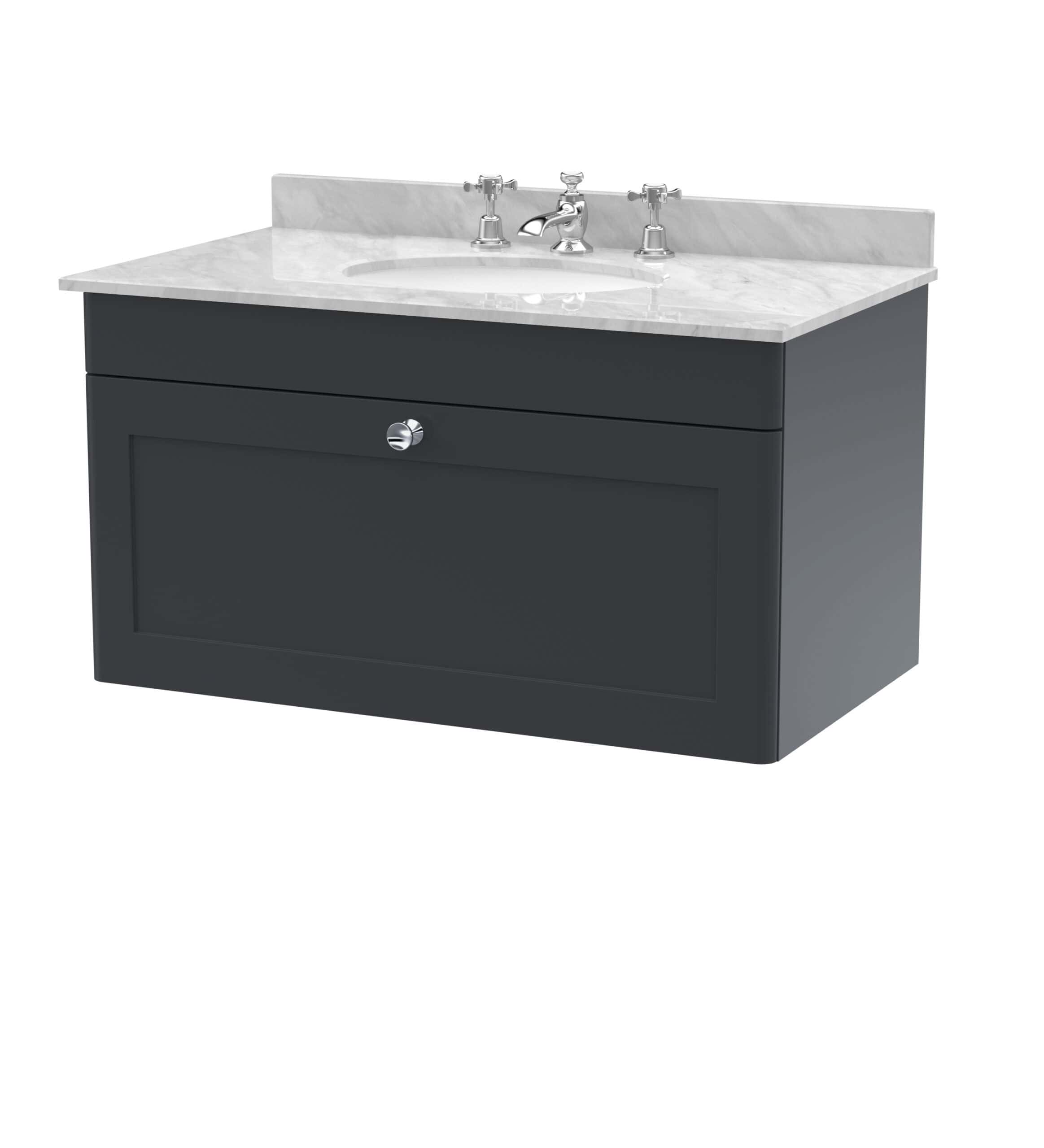 Polished grey bathroom vanity with marble countertop and stylish sink for modern bathroom design.