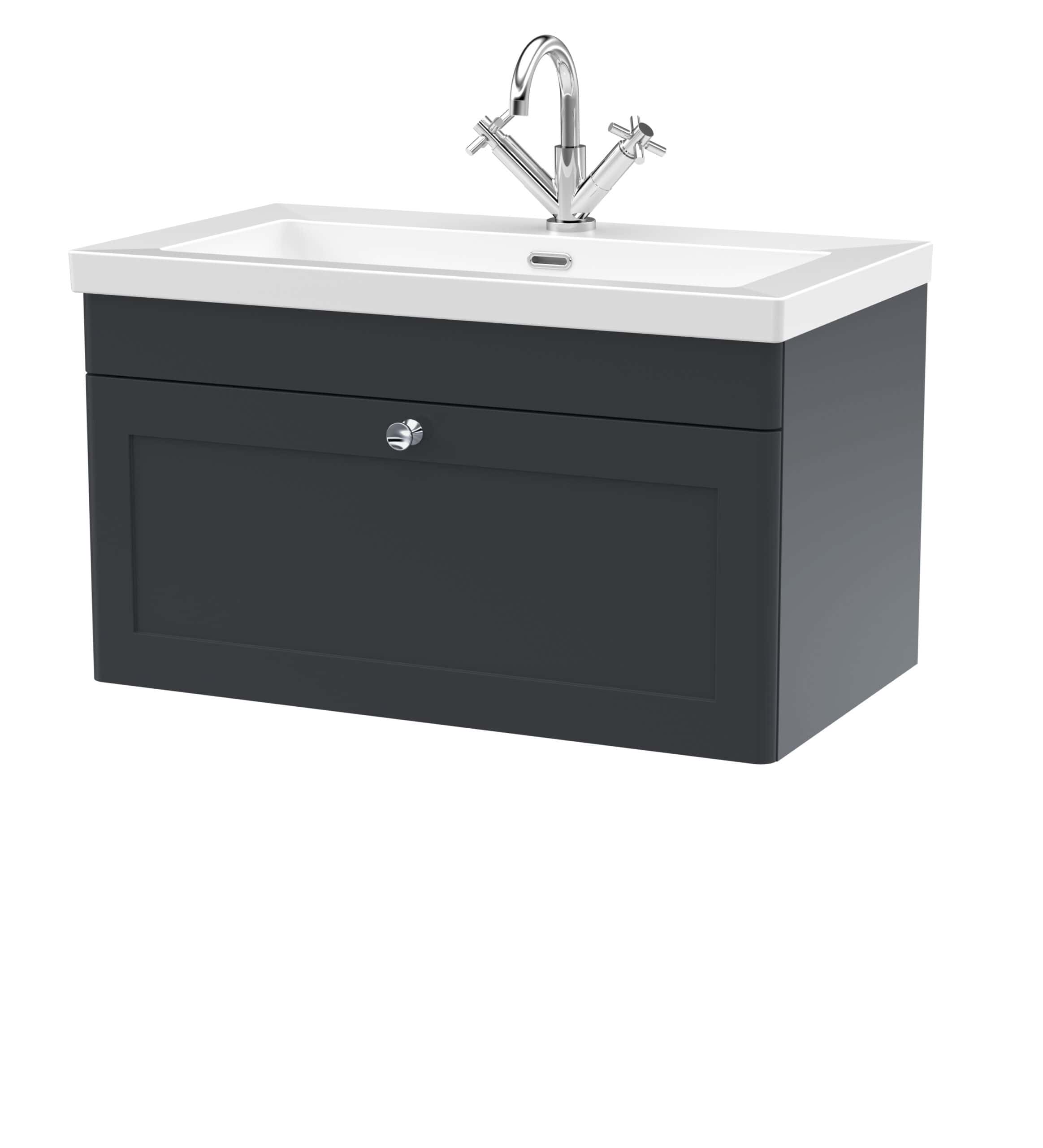 Sleek bathroom vanity unit with integrated sink and modern chrome tap, perfect for contemporary bathroom design and storage solutions in UK homes.