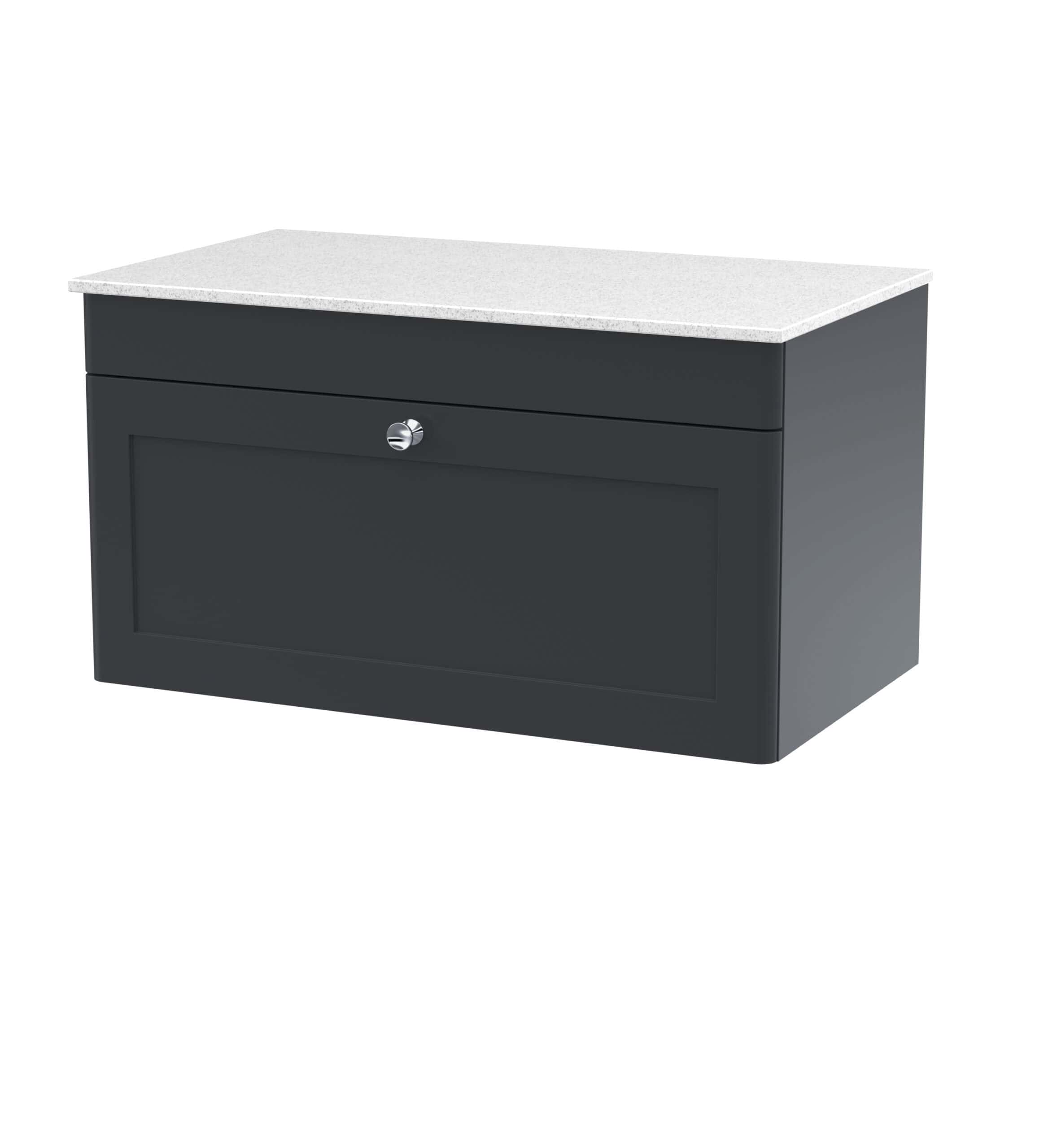 Modern bathroom storage cabinet with a sleek dark grey finish and a white stone top, ideal for organising bathroom essentials and enhancing bathroom decor.