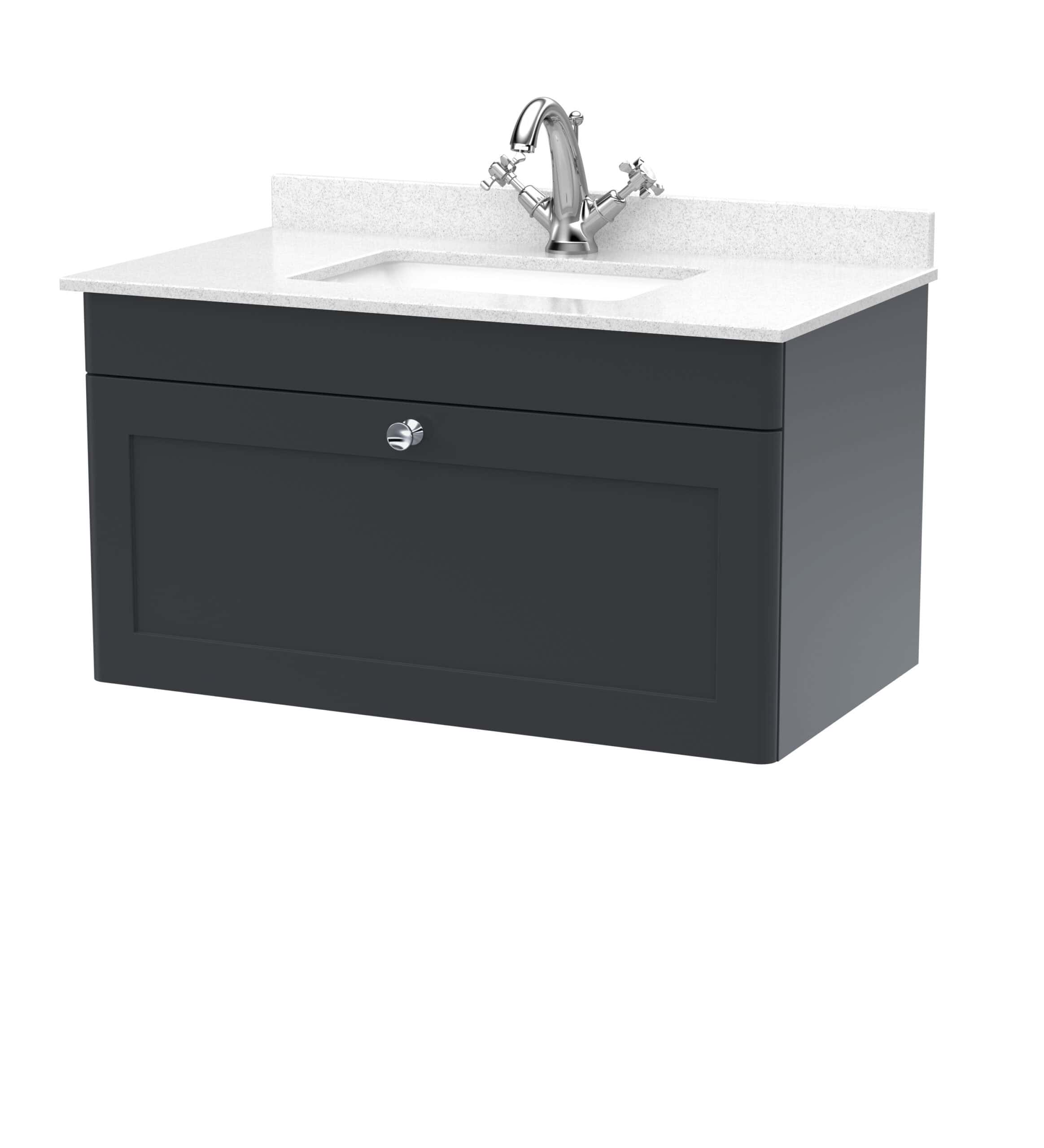 Sleek bathroom vanity unit with basin, modern grey cabinet and contemporary chrome taps for stylish bathroom storage and cleaning comfort.