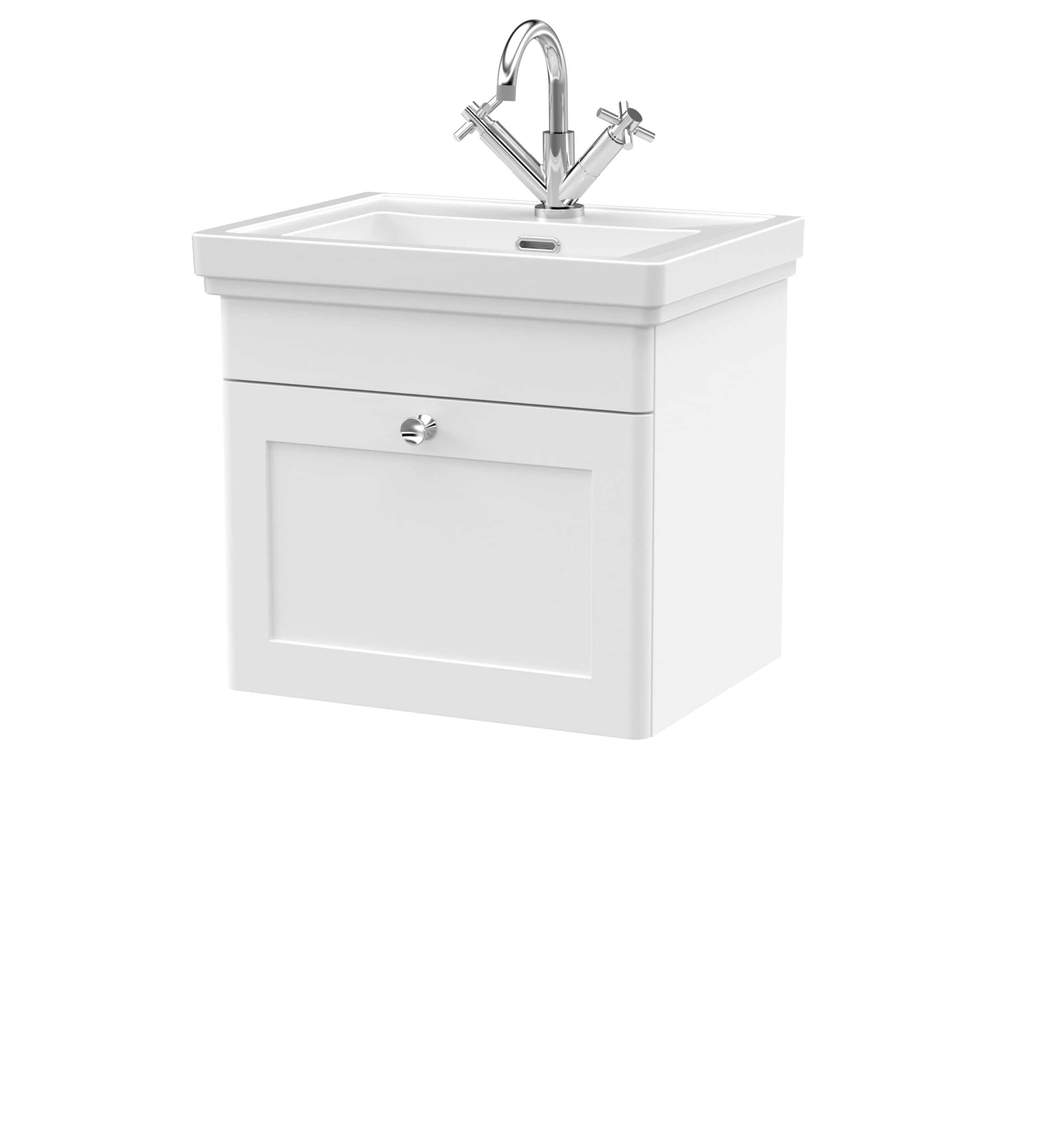 Brassware bathroom sink with cabinet and chrome taps, modern and sleek design, ideal for contemporary bathroom installations.