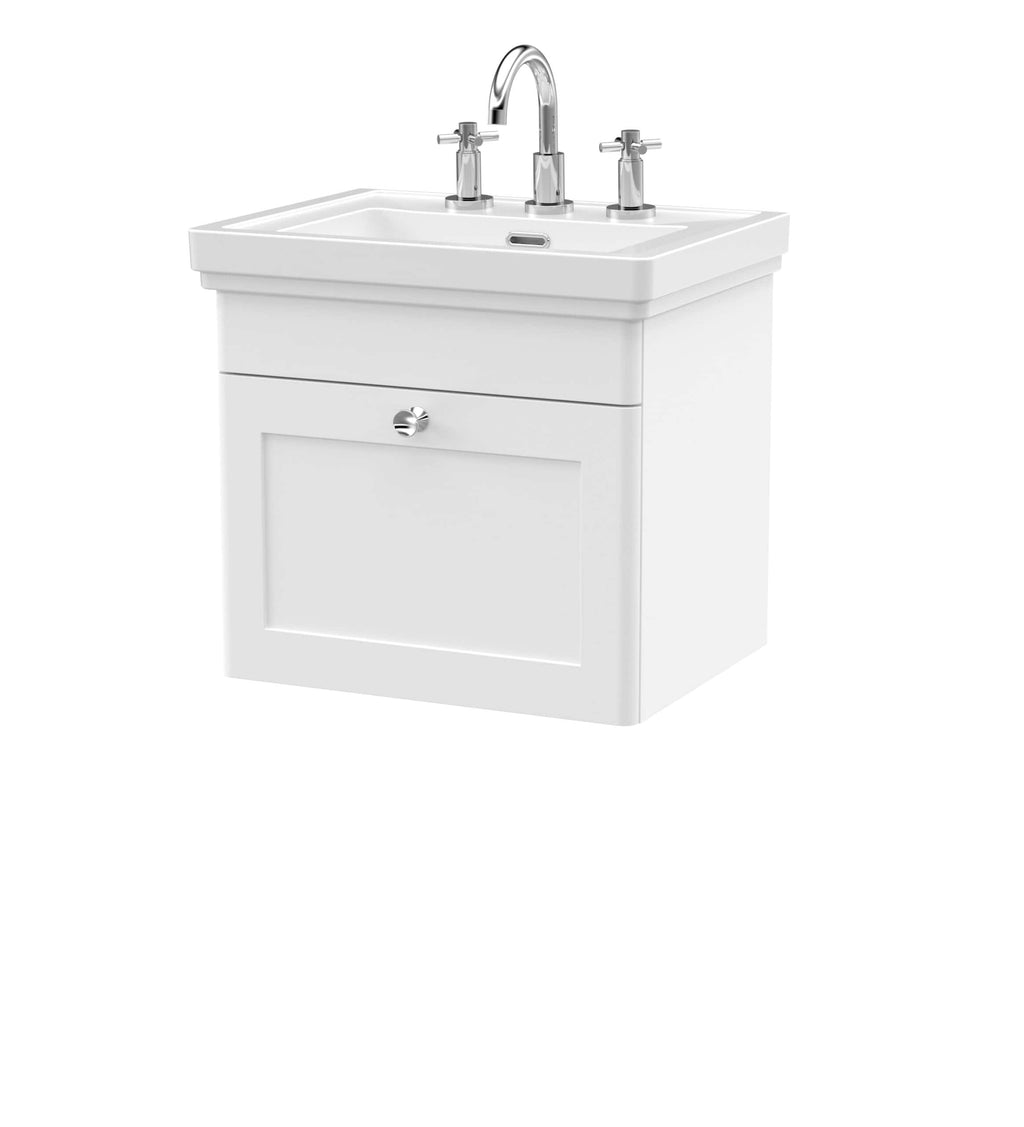 White bathroom vanity with integrated sink and chrome tapware for modern bathroom design.