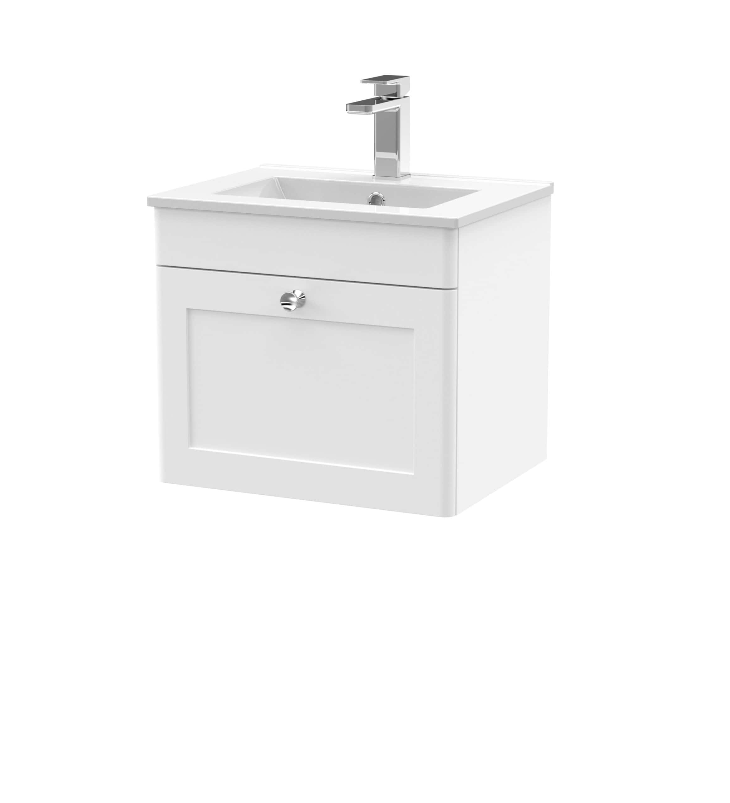 Modern white bathroom vanity with integrated sink and chrome tap, ideal for contemporary bathroom designs. Durable storage cabinet for bathroom essentials, combining style and functionality.